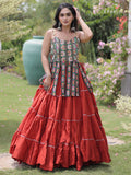 Captivating Rust Kutchi Work Cotton Navratri Wear Lehenga Choli
