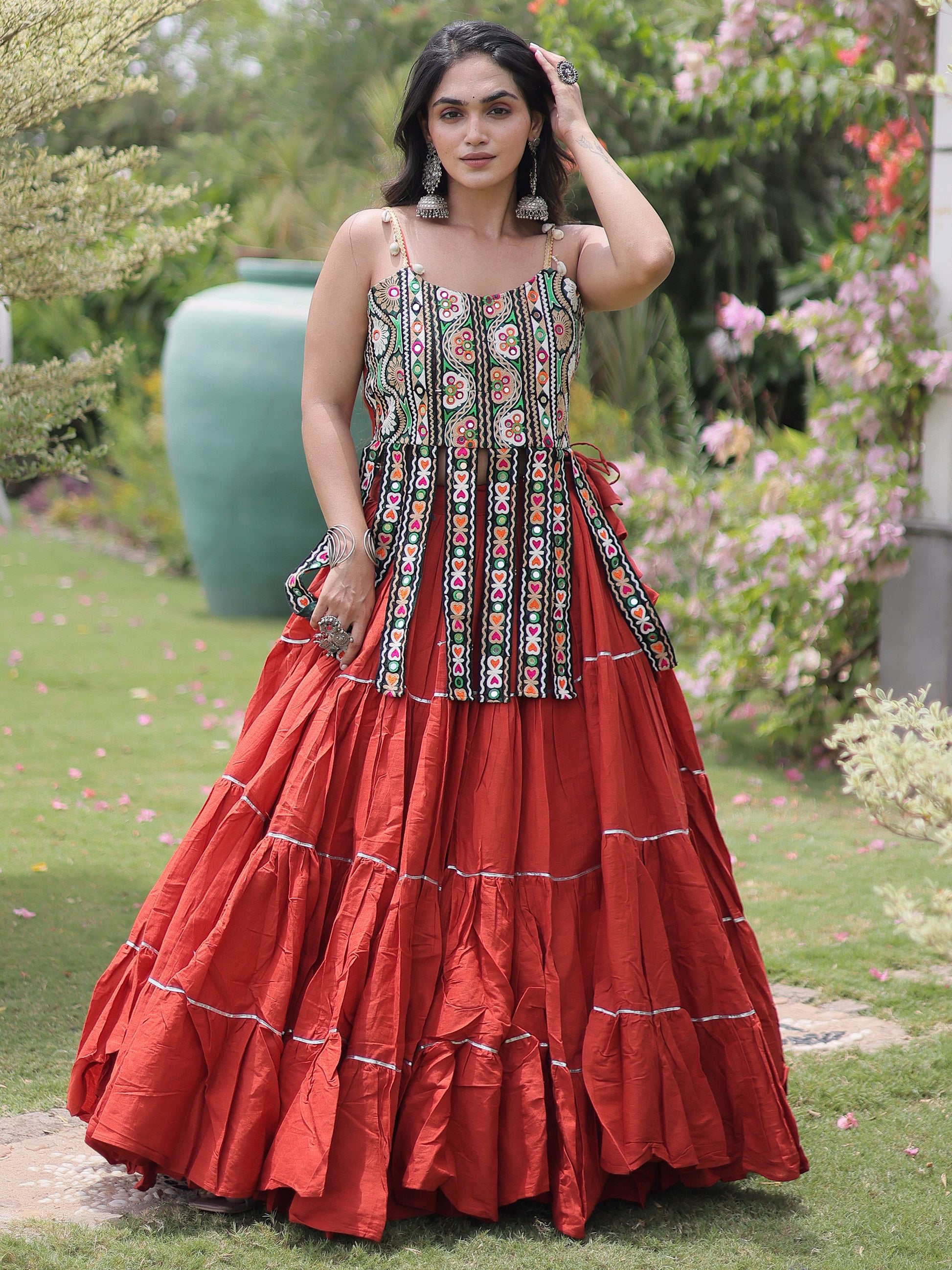 Captivating Rust Kutchi Work Cotton Navratri Wear Lehenga Choli