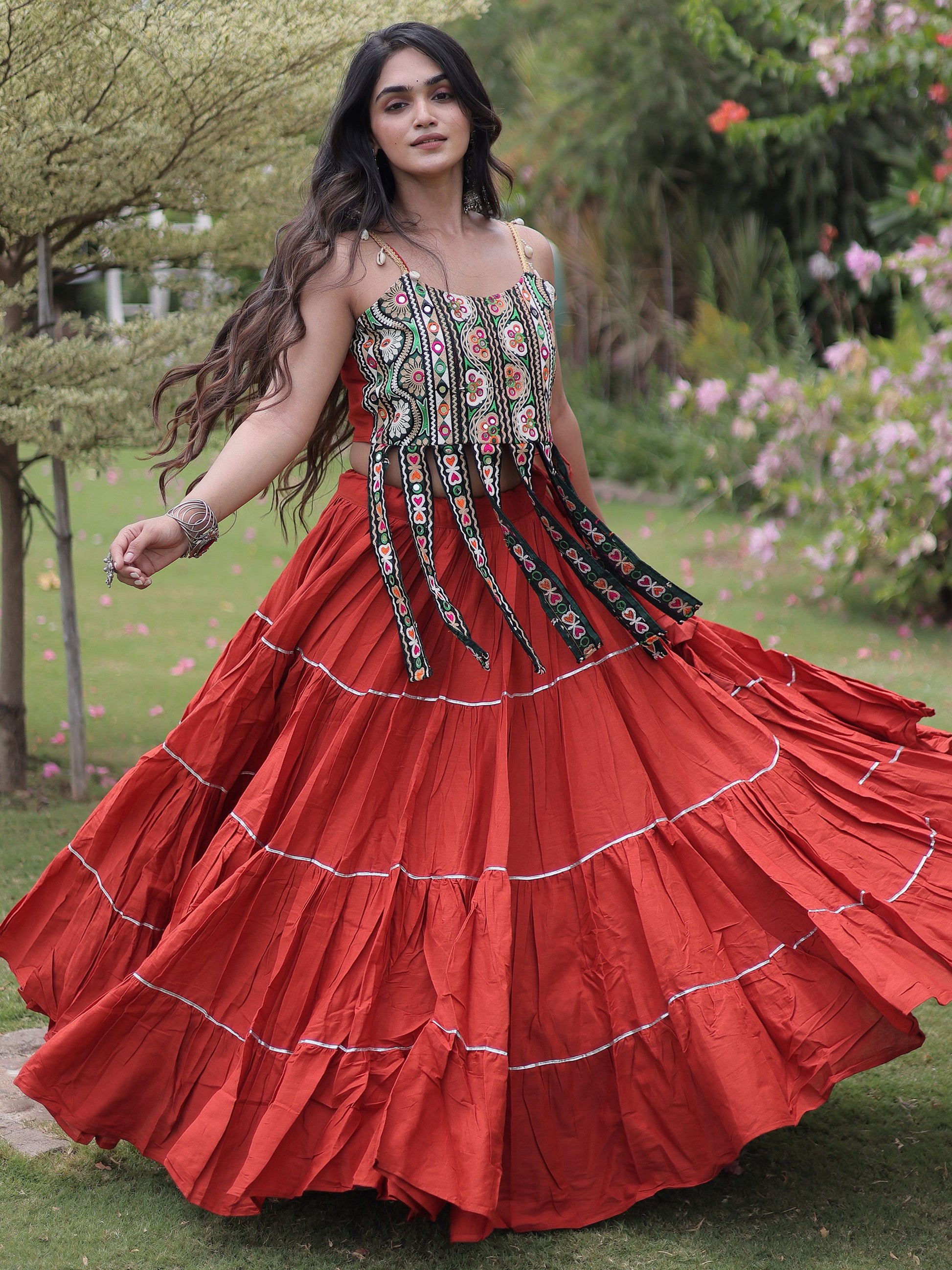 Captivating Rust Kutchi Work Cotton Navratri Wear Lehenga Choli