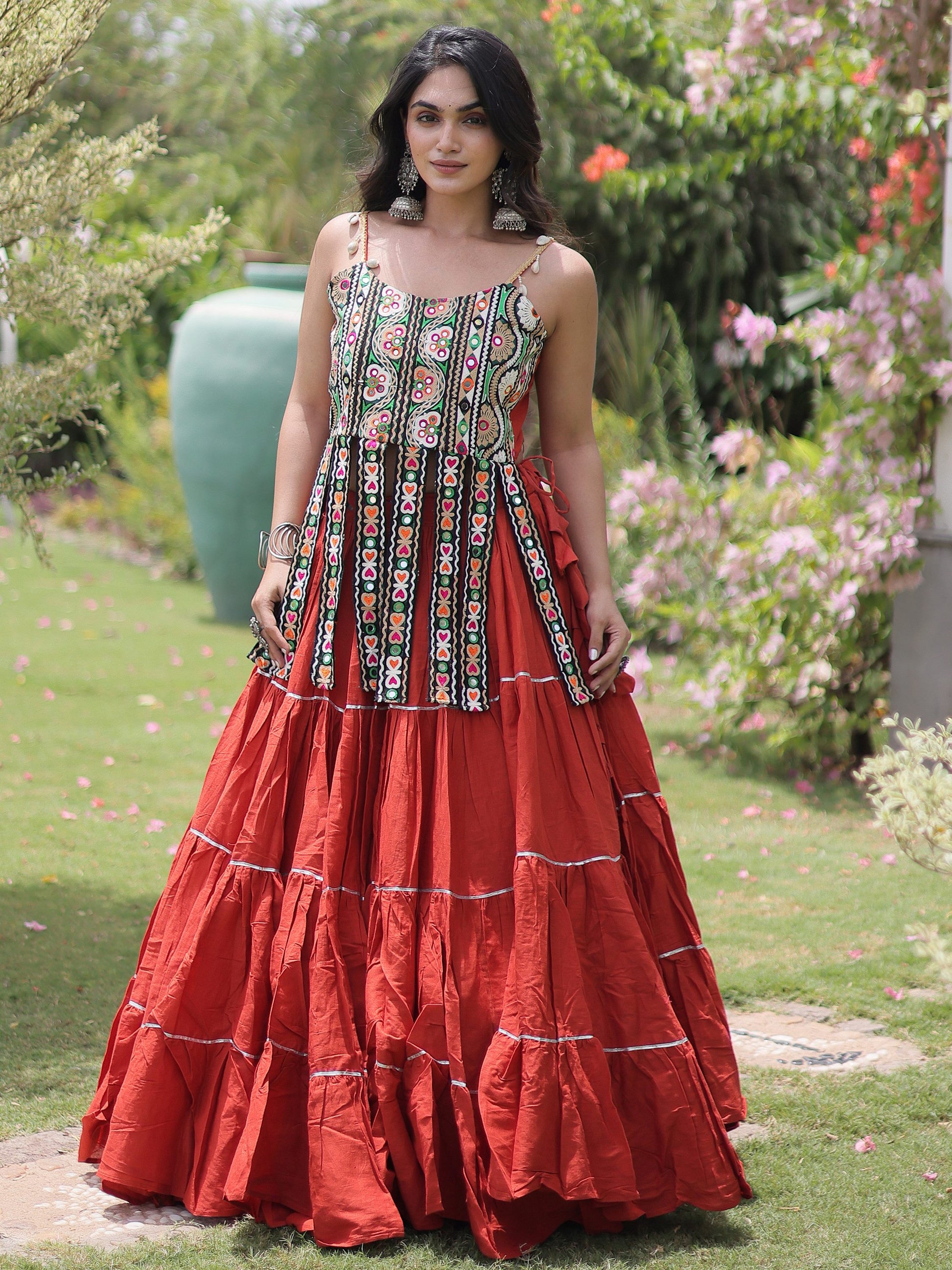 Captivating Rust Kutchi Work Cotton Navratri Wear Lehenga Choli