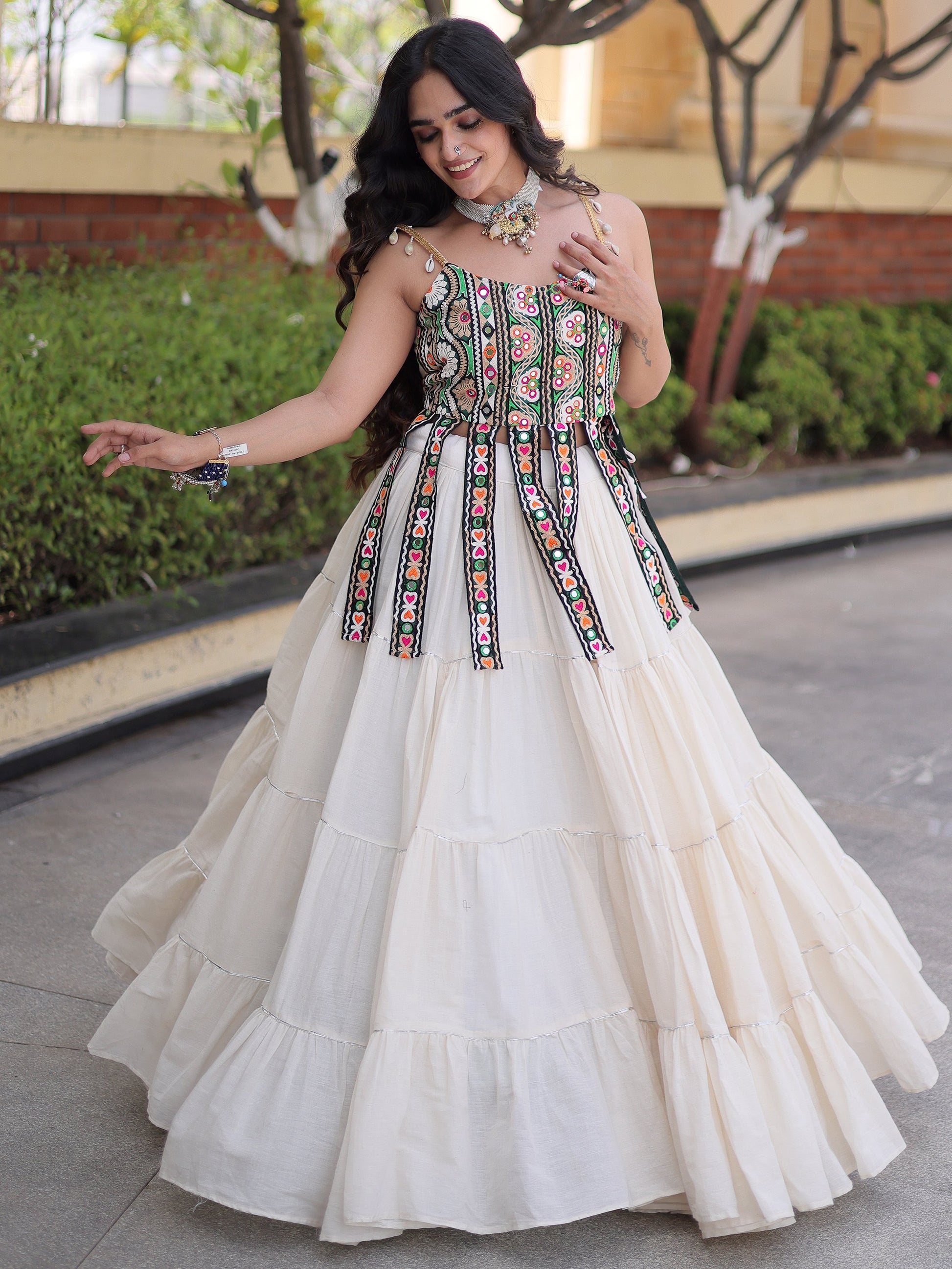 Fabulous White Patchwork Cotton Navratri Wear Lehenga Choli