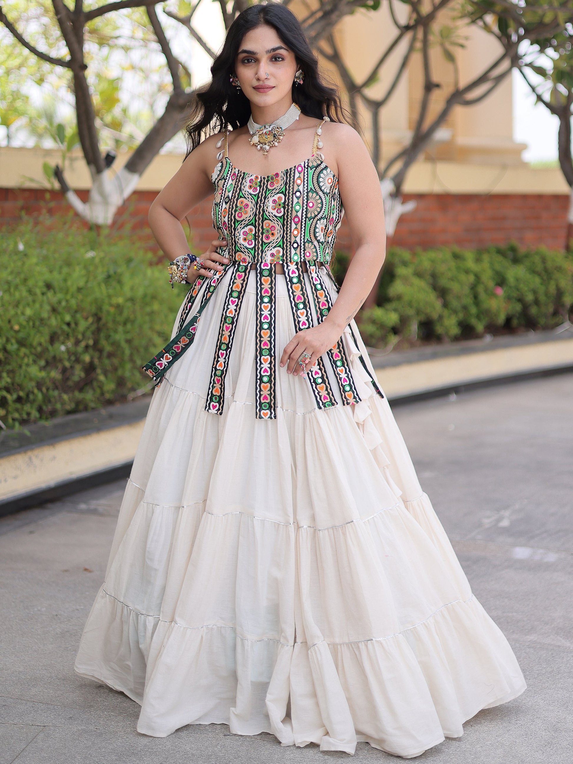 Fabulous White Patchwork Cotton Navratri Wear Lehenga Choli