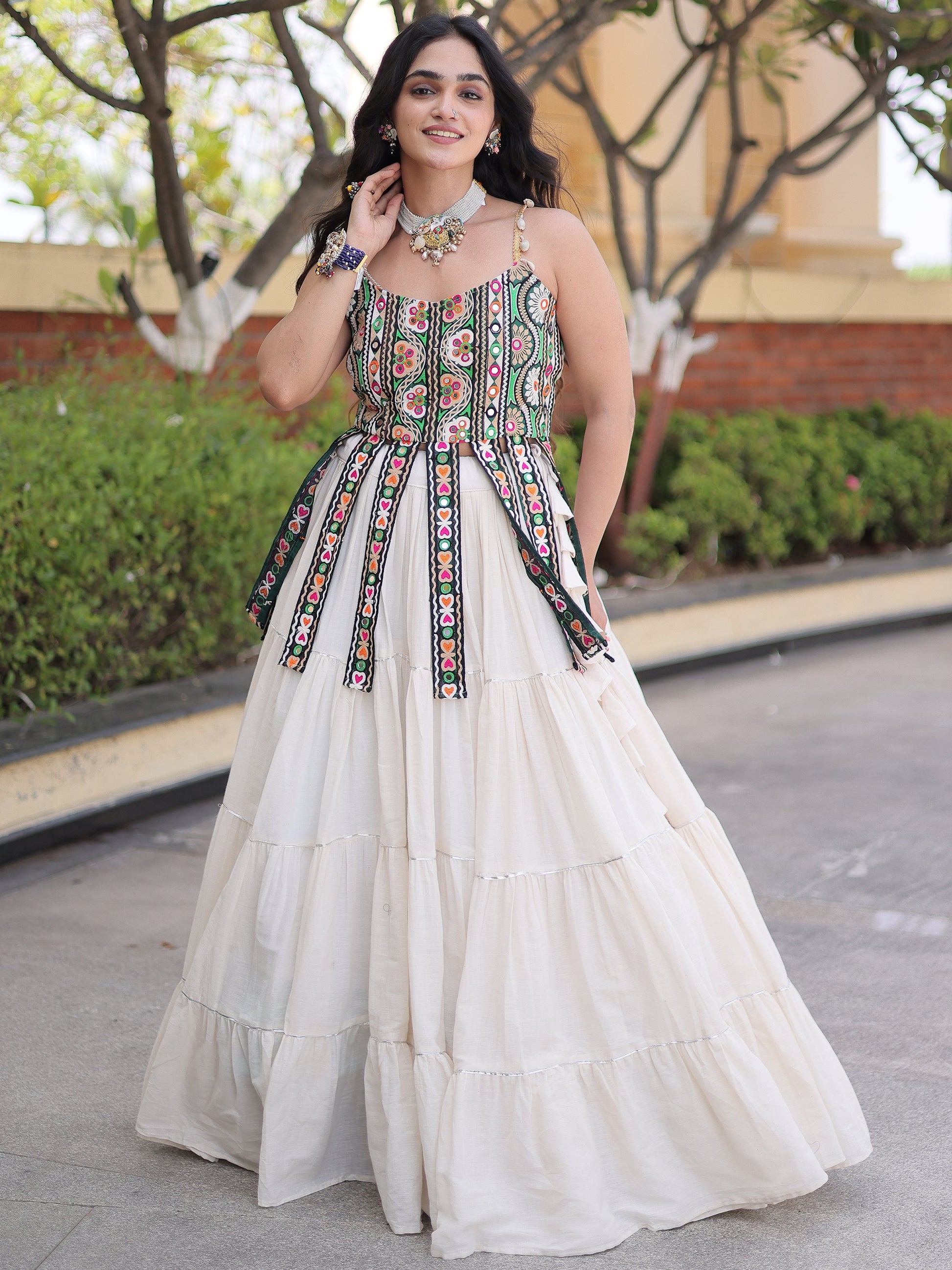 Fabulous White Patchwork Cotton Navratri Wear Lehenga Choli