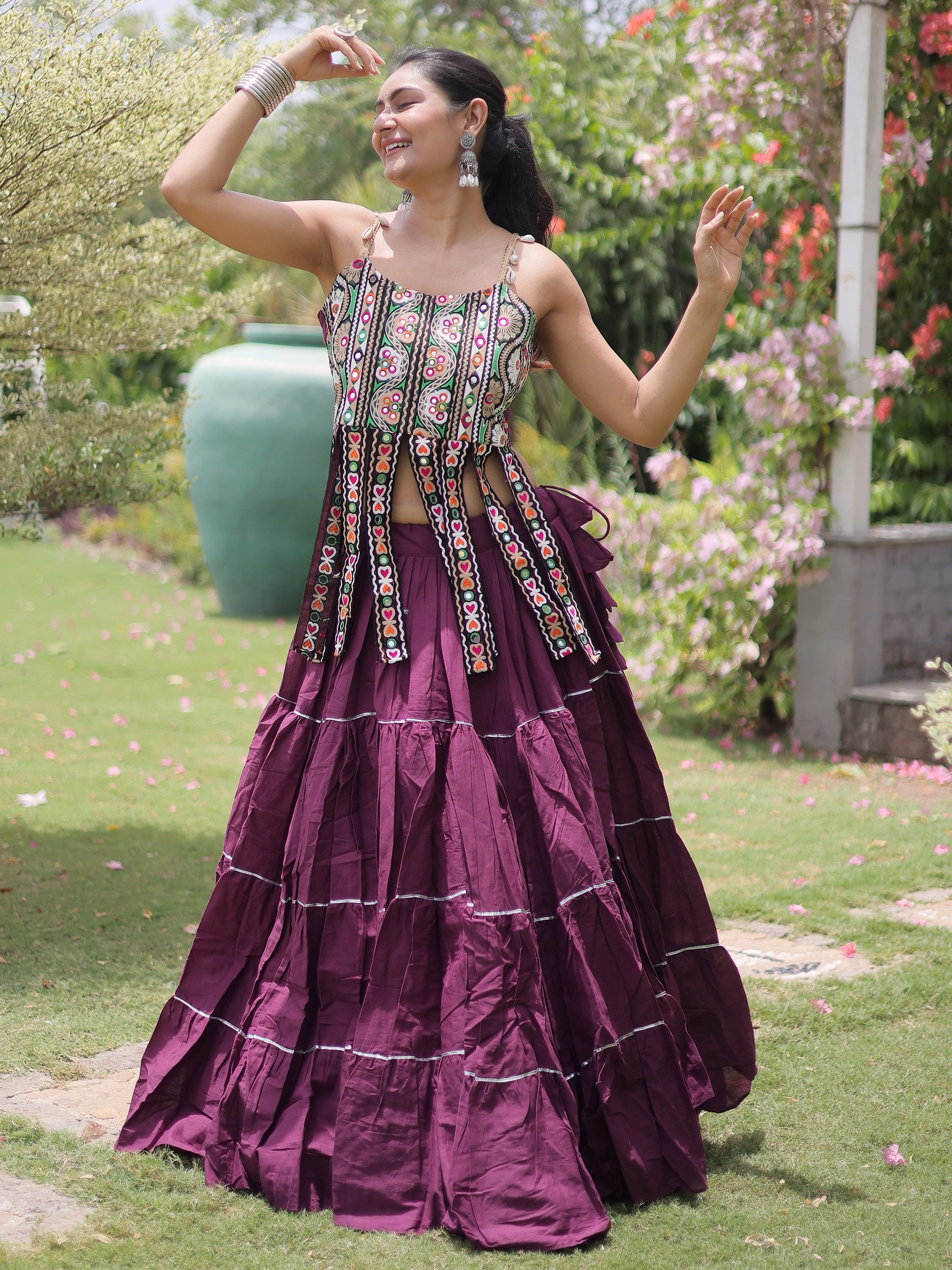 Great Wine Embroidered Cotton Navratri Wear Lehenga Choli