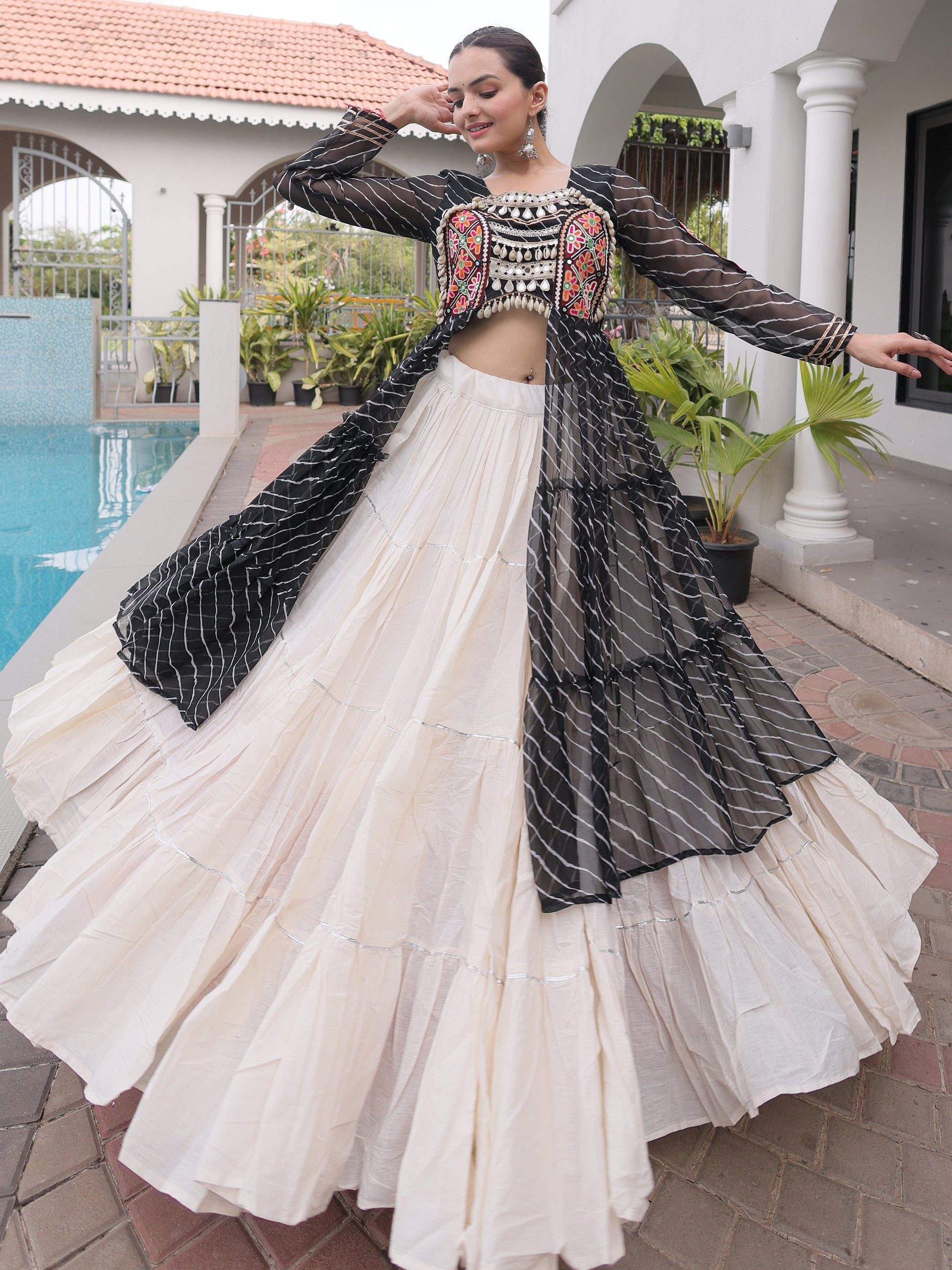 Majestic Black Patchwork Georgette Navratri Wear Lehenga With Kurti