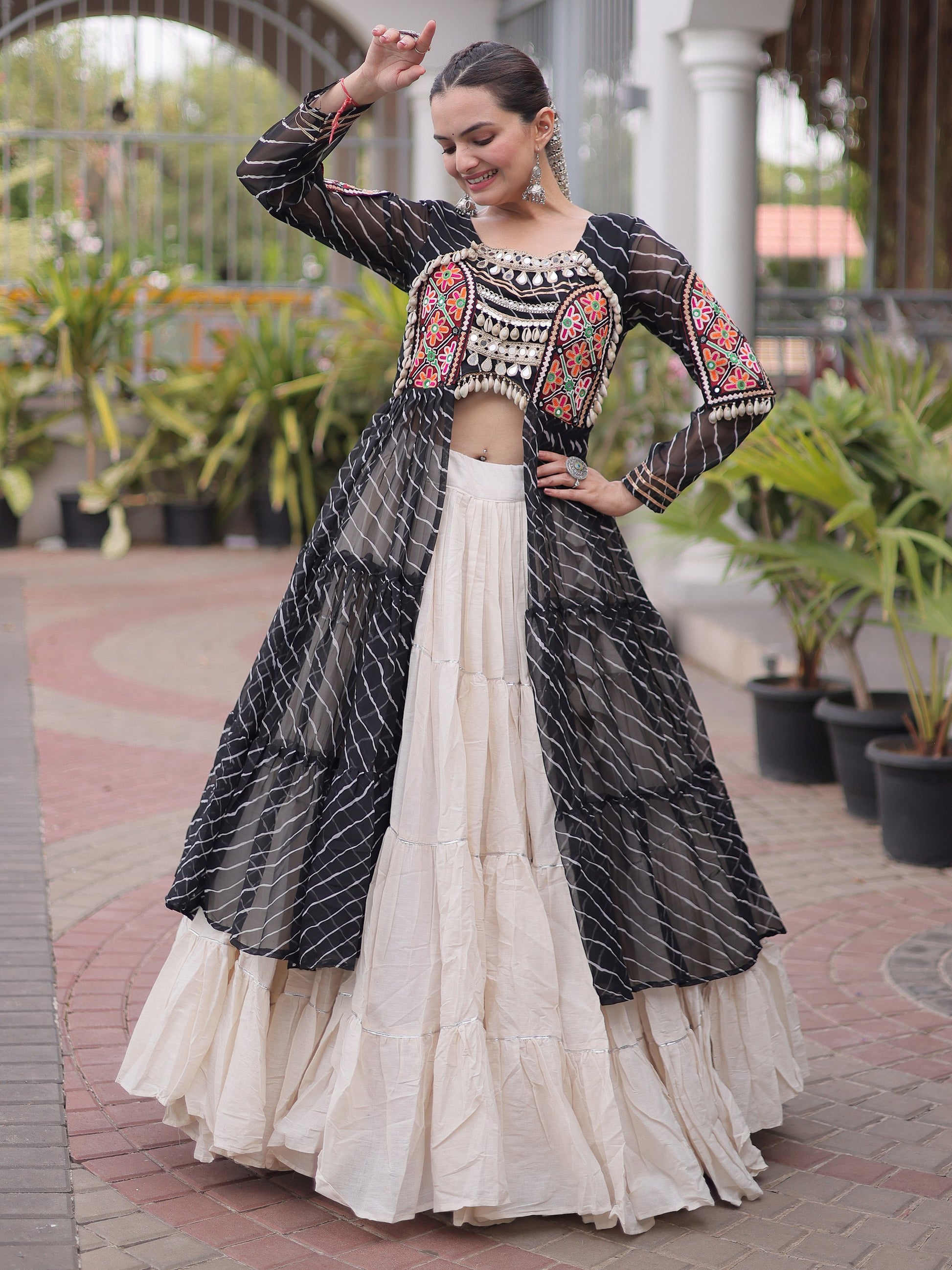 Majestic Black Patchwork Georgette Navratri Wear Lehenga With Kurti