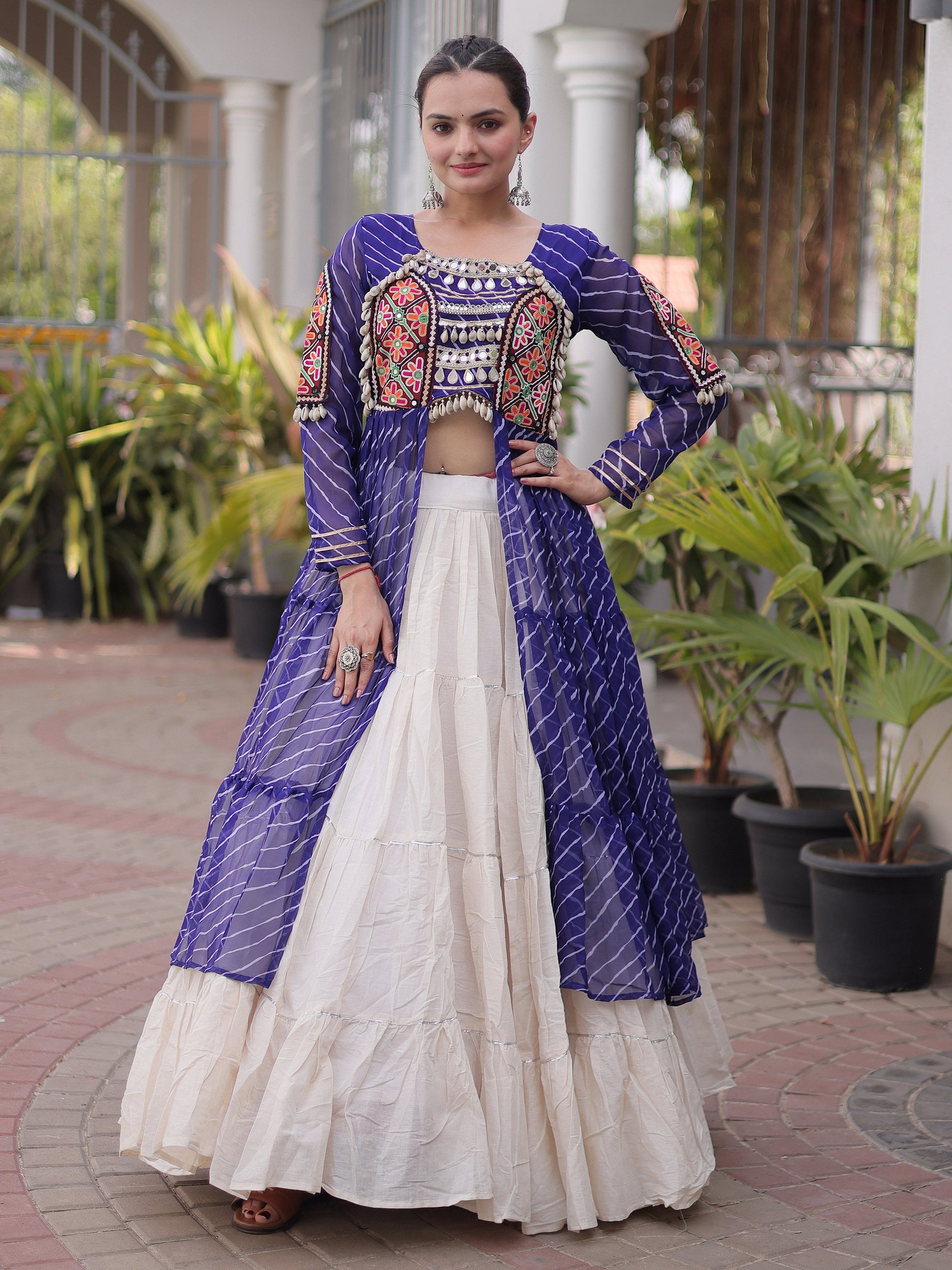 Royal Blue Mirror Work Georgette Navratri Wear Lehenga Kurti Set