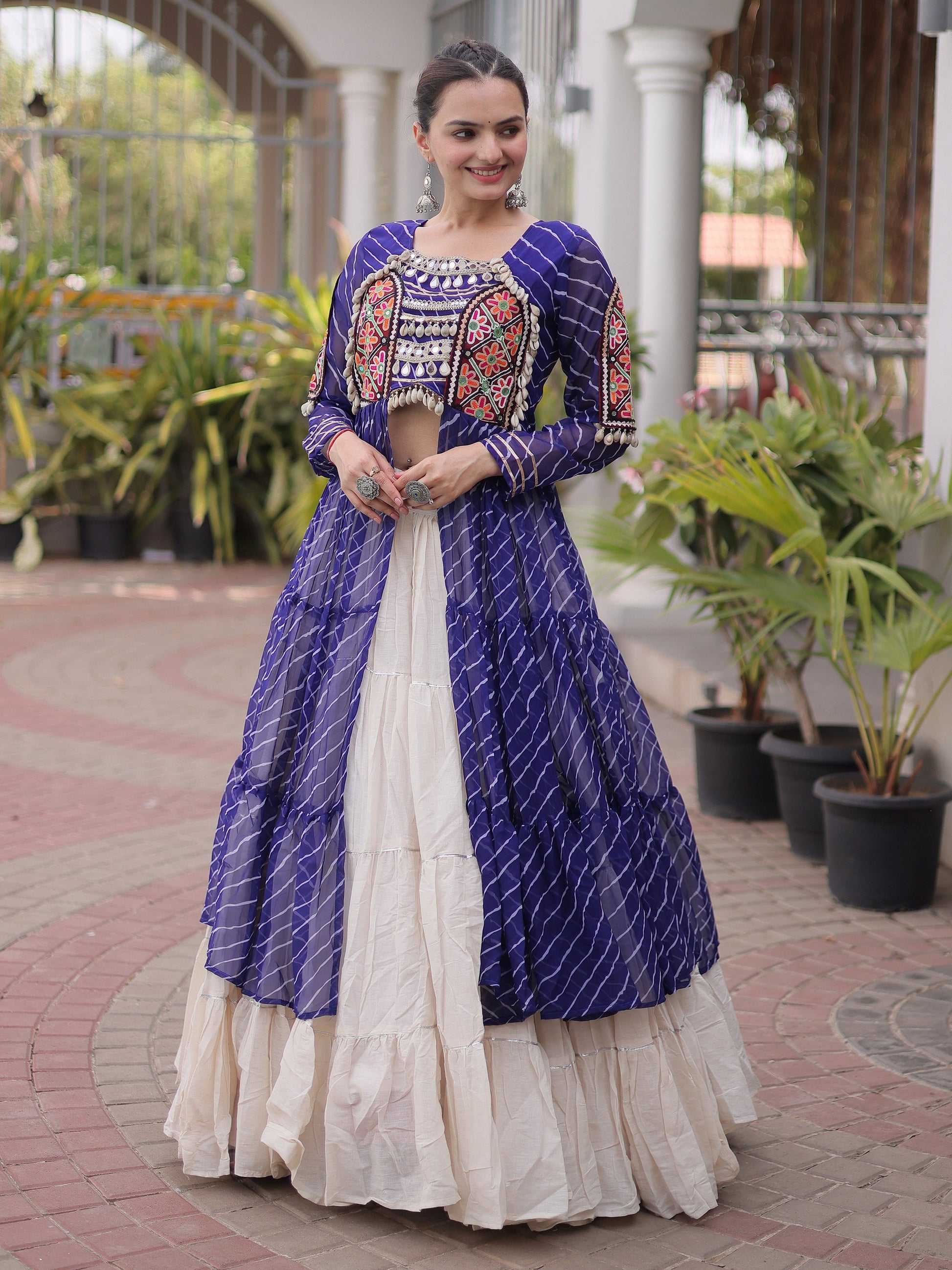 Royal Blue Mirror Work Georgette Navratri Wear Lehenga Kurti Set