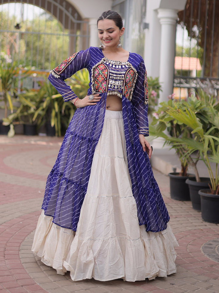 Royal Blue Mirror Work Georgette Navratri Wear Lehenga Kurti Set