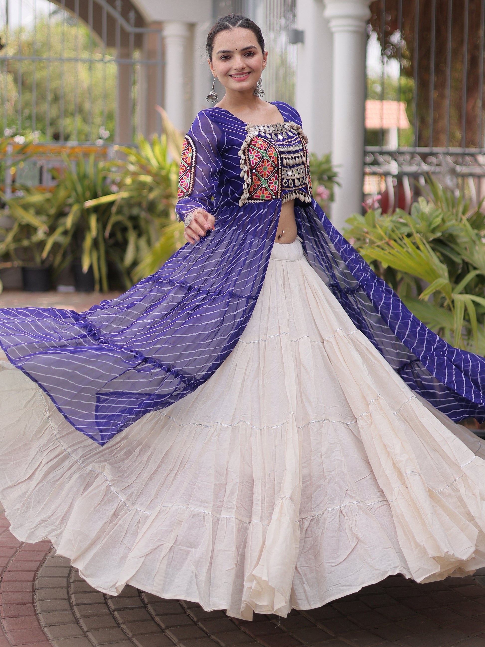 Royal Blue Mirror Work Georgette Navratri Wear Lehenga Kurti Set