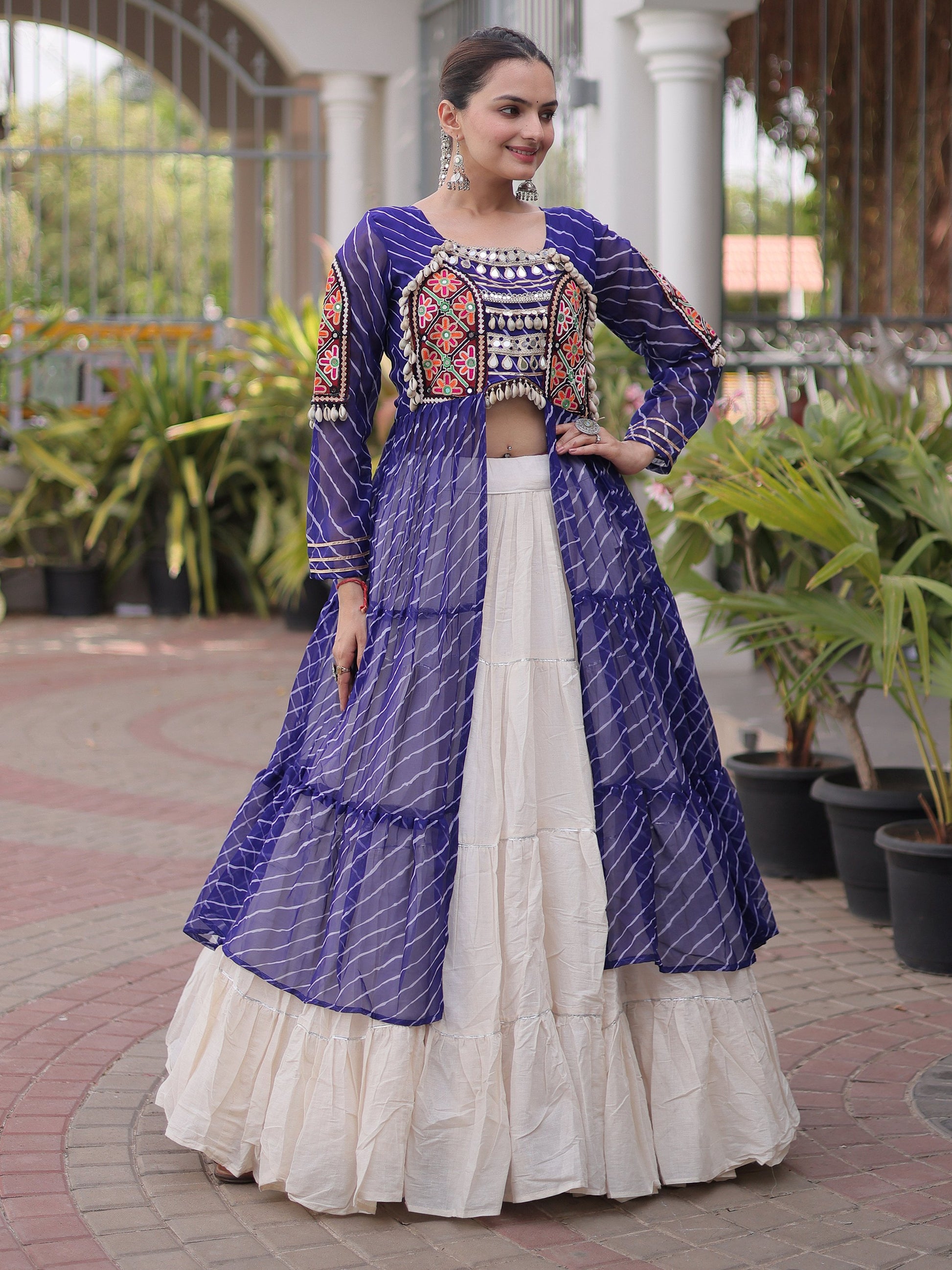 Royal Blue Mirror Work Georgette Navratri Wear Lehenga Kurti Set