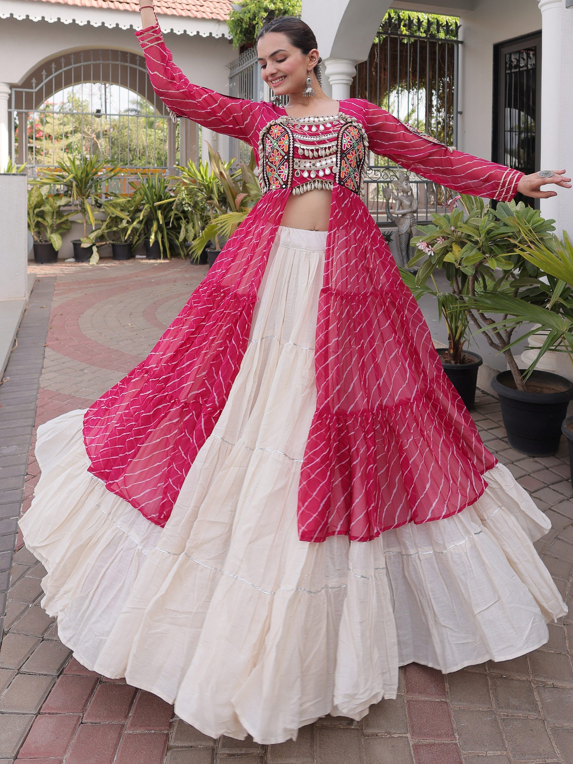 Stunning Pink Kutchi Work Georgette Navratri Wear Lehenga With Kurti
