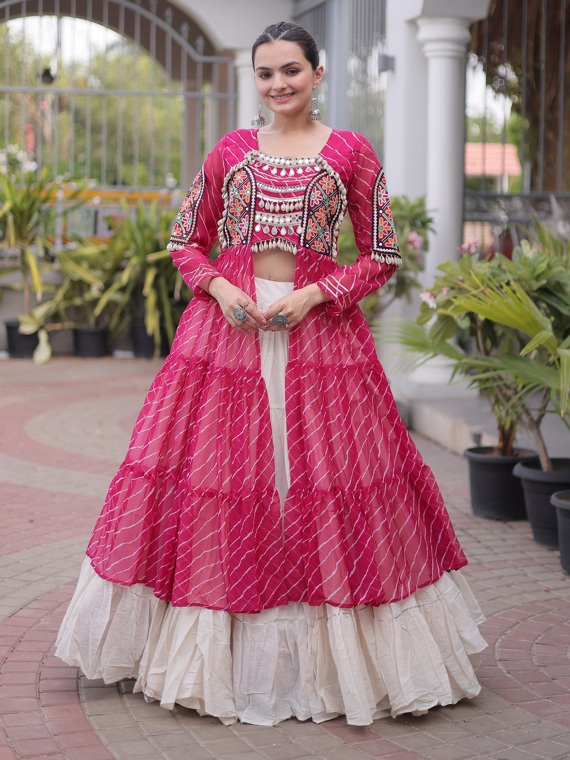 Stunning Pink Kutchi Work Georgette Navratri Wear Lehenga With Kurti