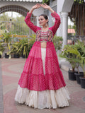 Stunning Pink Kutchi Work Georgette Navratri Wear Lehenga With Kurti