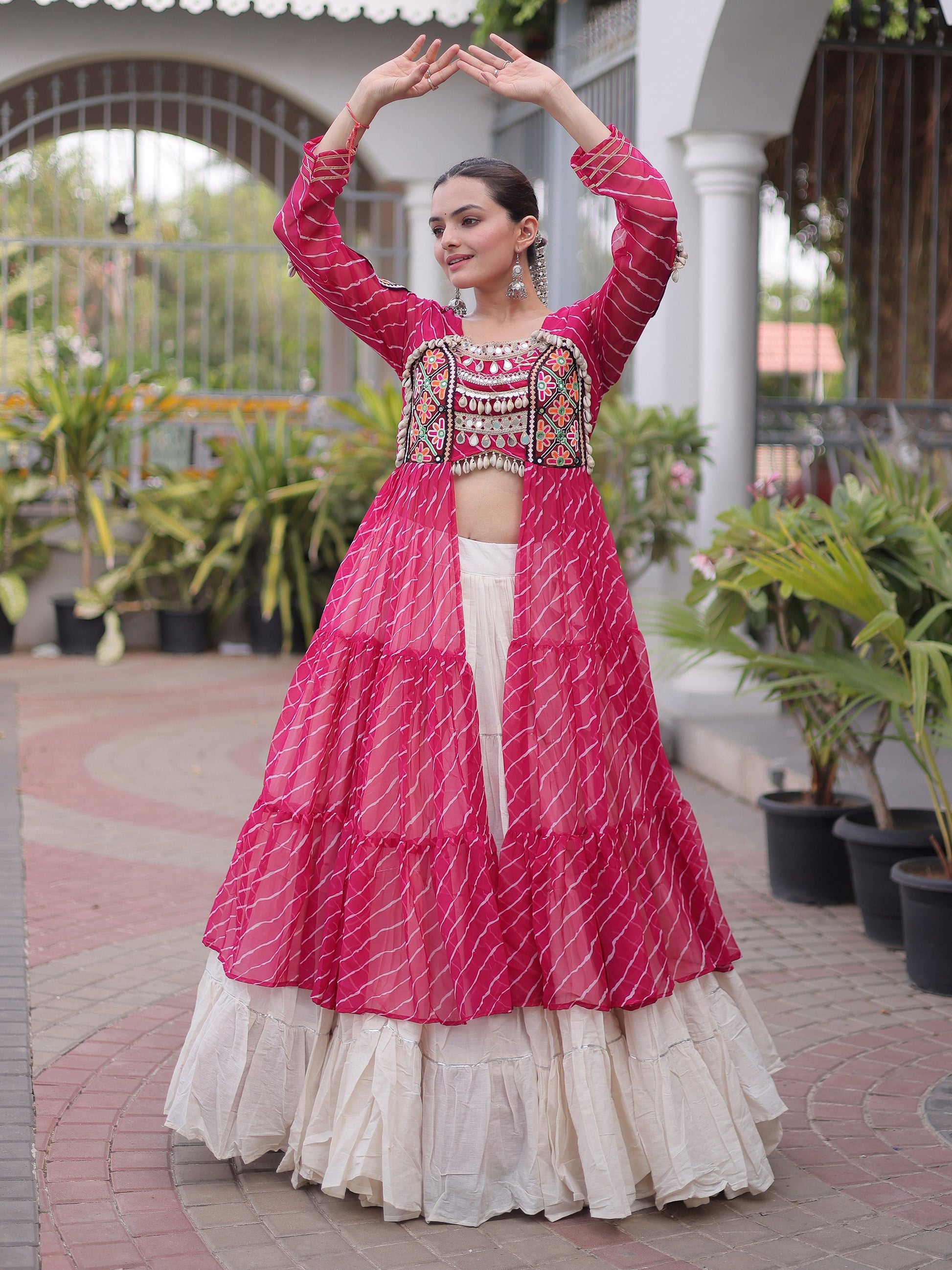 Stunning Pink Kutchi Work Georgette Navratri Wear Lehenga With Kurti