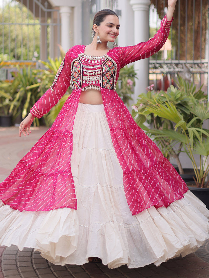 Stunning Pink Kutchi Work Georgette Navratri Wear Lehenga With Kurti