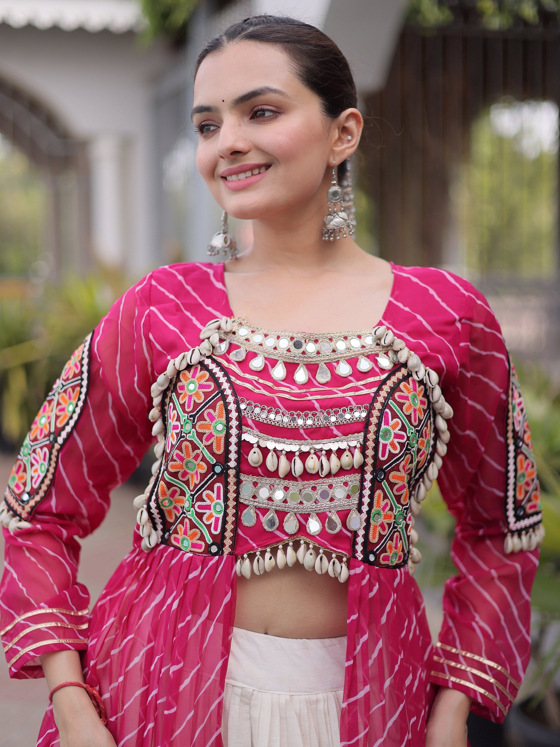 Stunning Pink Kutchi Work Georgette Navratri Wear Lehenga With Kurti