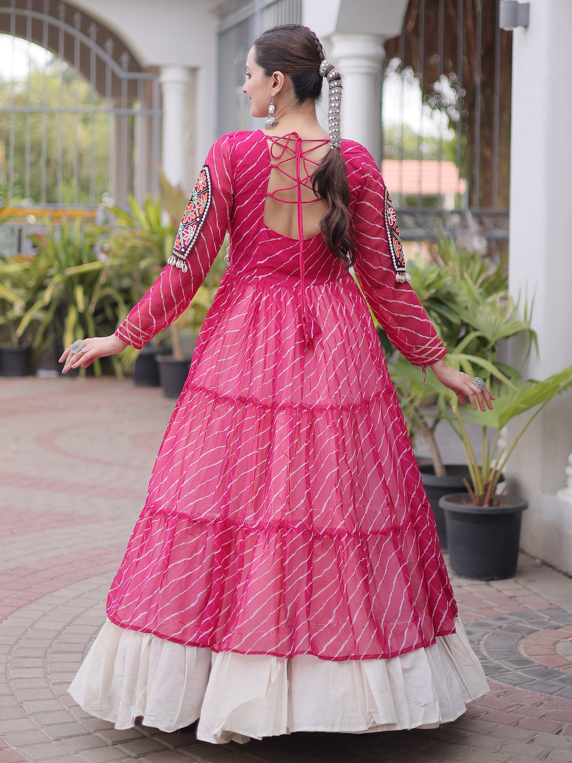 Stunning Pink Kutchi Work Georgette Navratri Wear Lehenga With Kurti