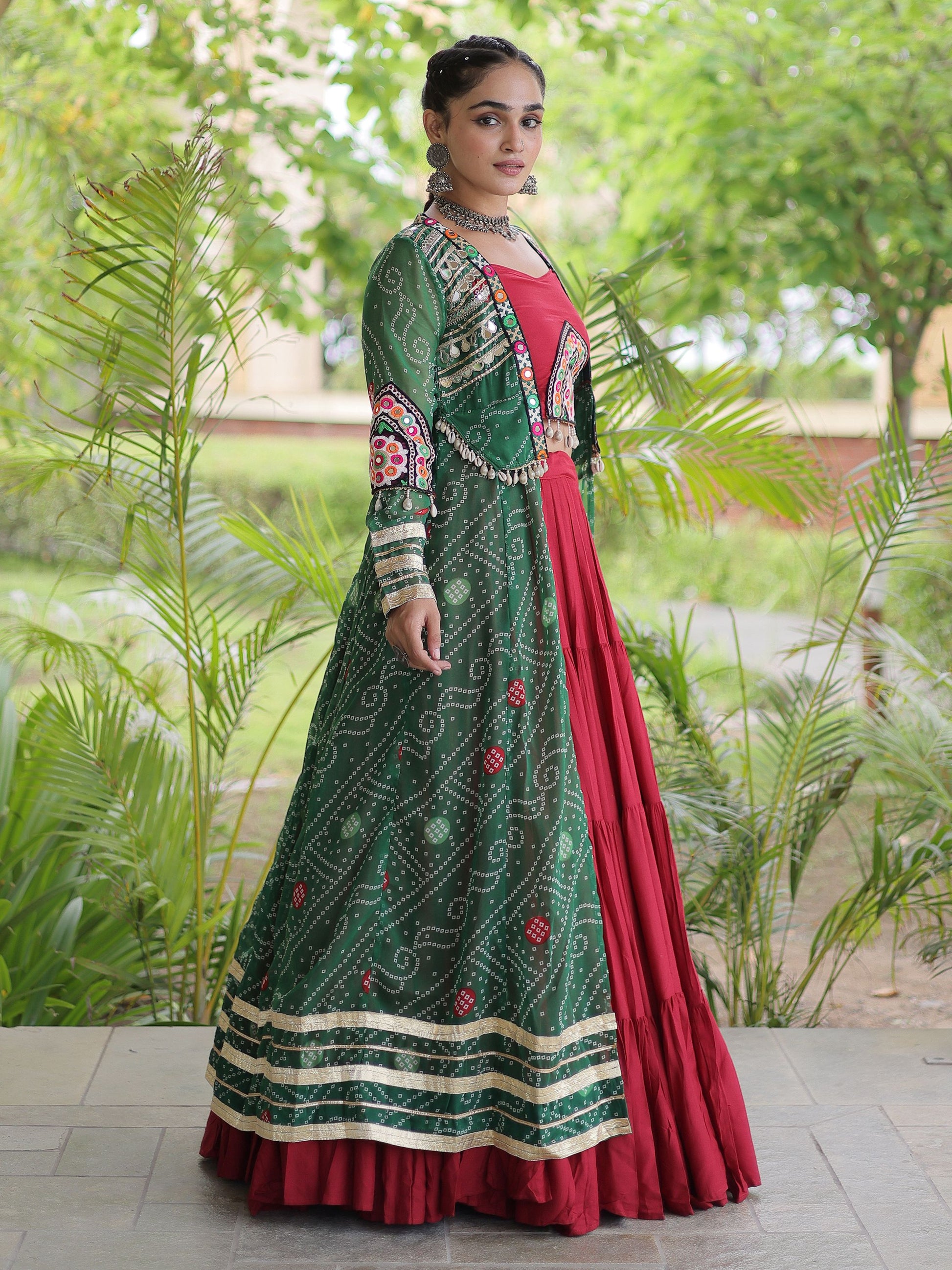 Festive Green Kutchi Work Rayon Navratri Wear Lehenga Choli