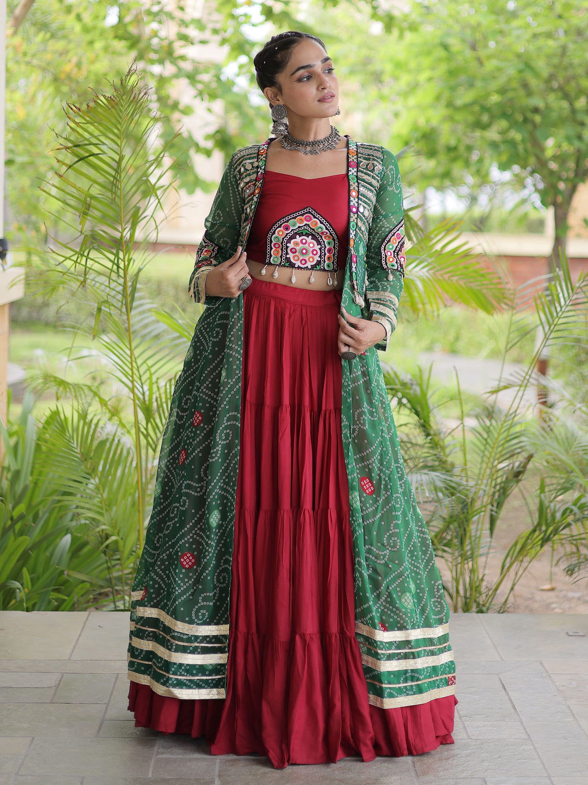 Festive Green Kutchi Work Rayon Navratri Wear Lehenga Choli