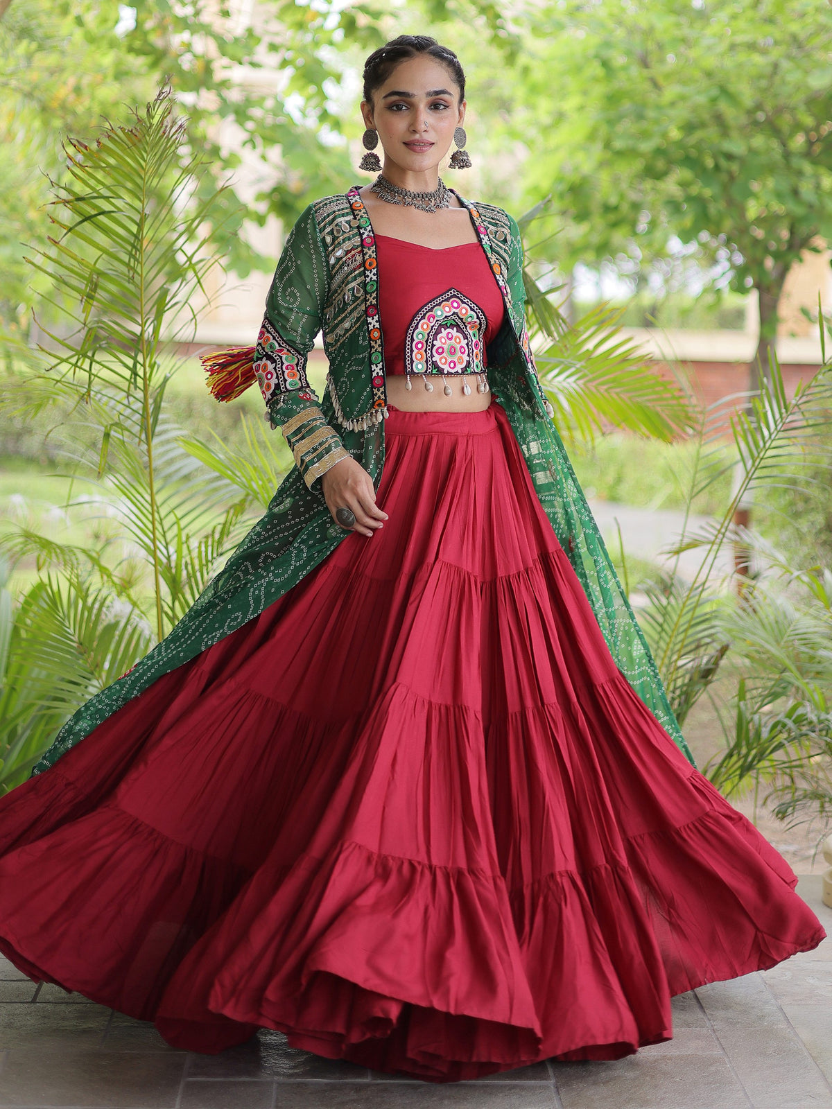 Festive Green Kutchi Work Rayon Navratri Wear Lehenga Choli