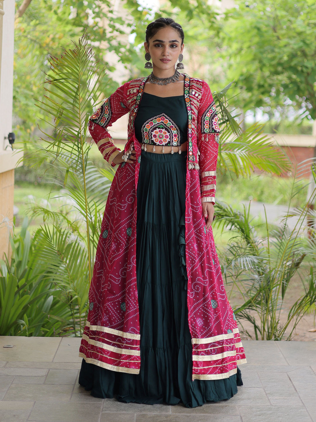 Awesome Pink Patchwork Rayon Navratri Wear Lehenga Choli With Shrug