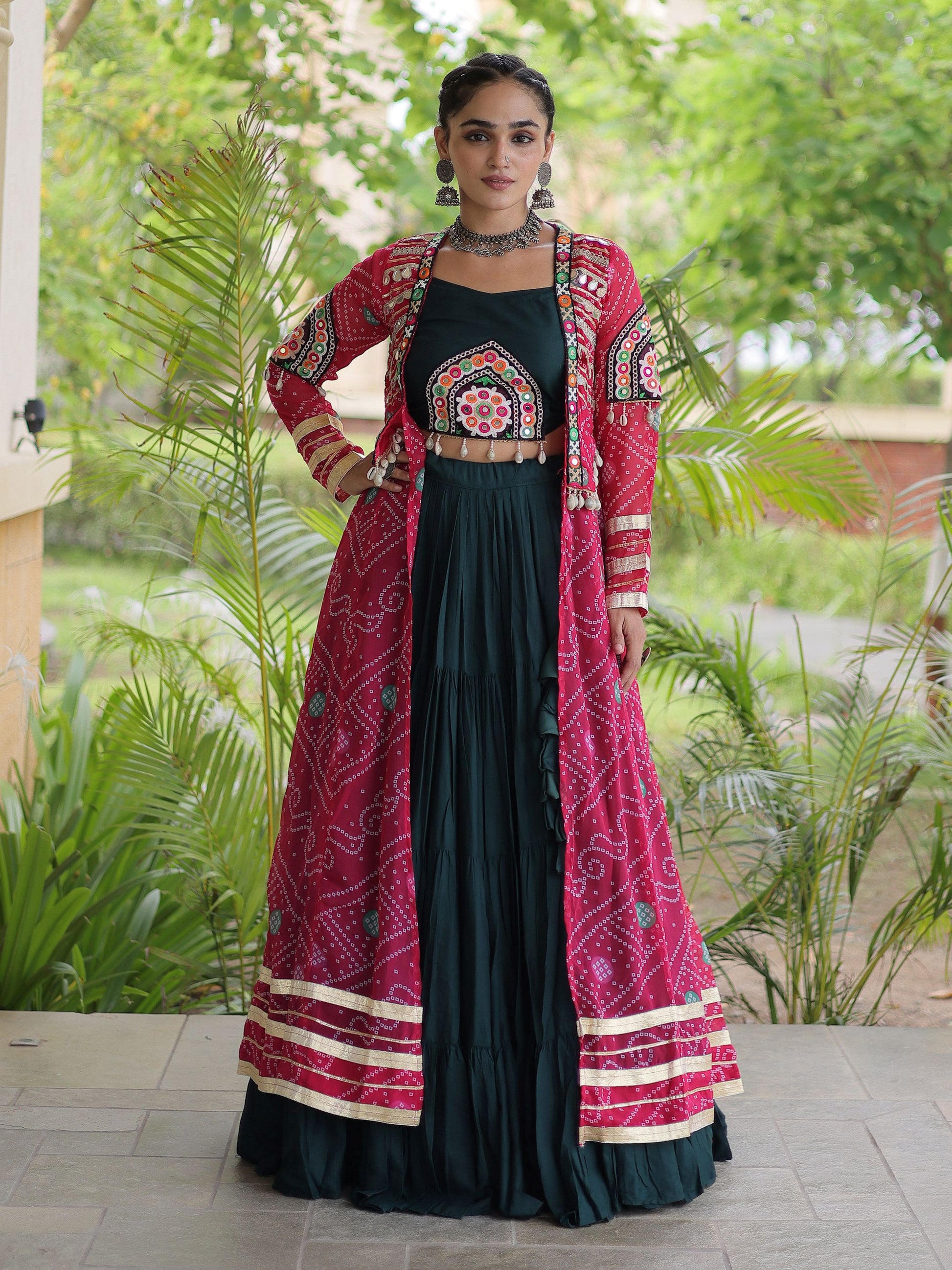 Awesome Pink Patchwork Rayon Navratri Wear Lehenga Choli With Shrug