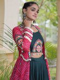Awesome Pink Patchwork Rayon Navratri Wear Lehenga Choli With Shrug