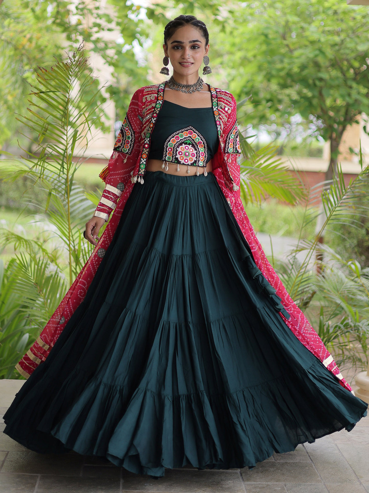 Awesome Pink Patchwork Rayon Navratri Wear Lehenga Choli With Shrug