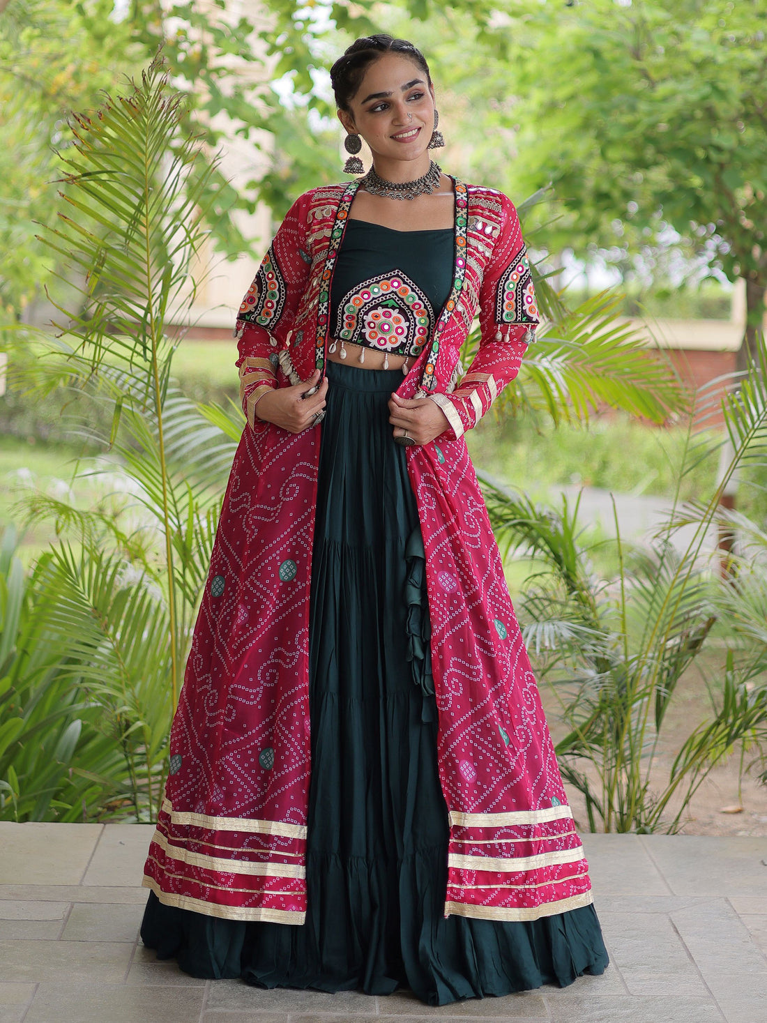 Awesome Pink Patchwork Rayon Navratri Wear Lehenga Choli With Shrug