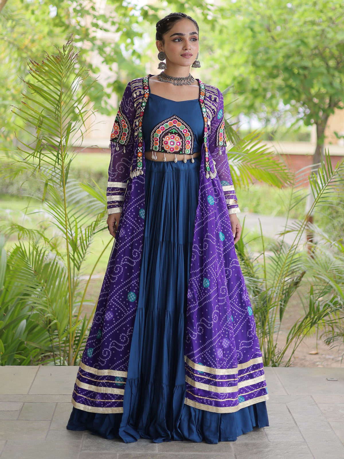 Precious Purple Patchwork Rayon Navratri Wear Lehenga Choli And Shrug