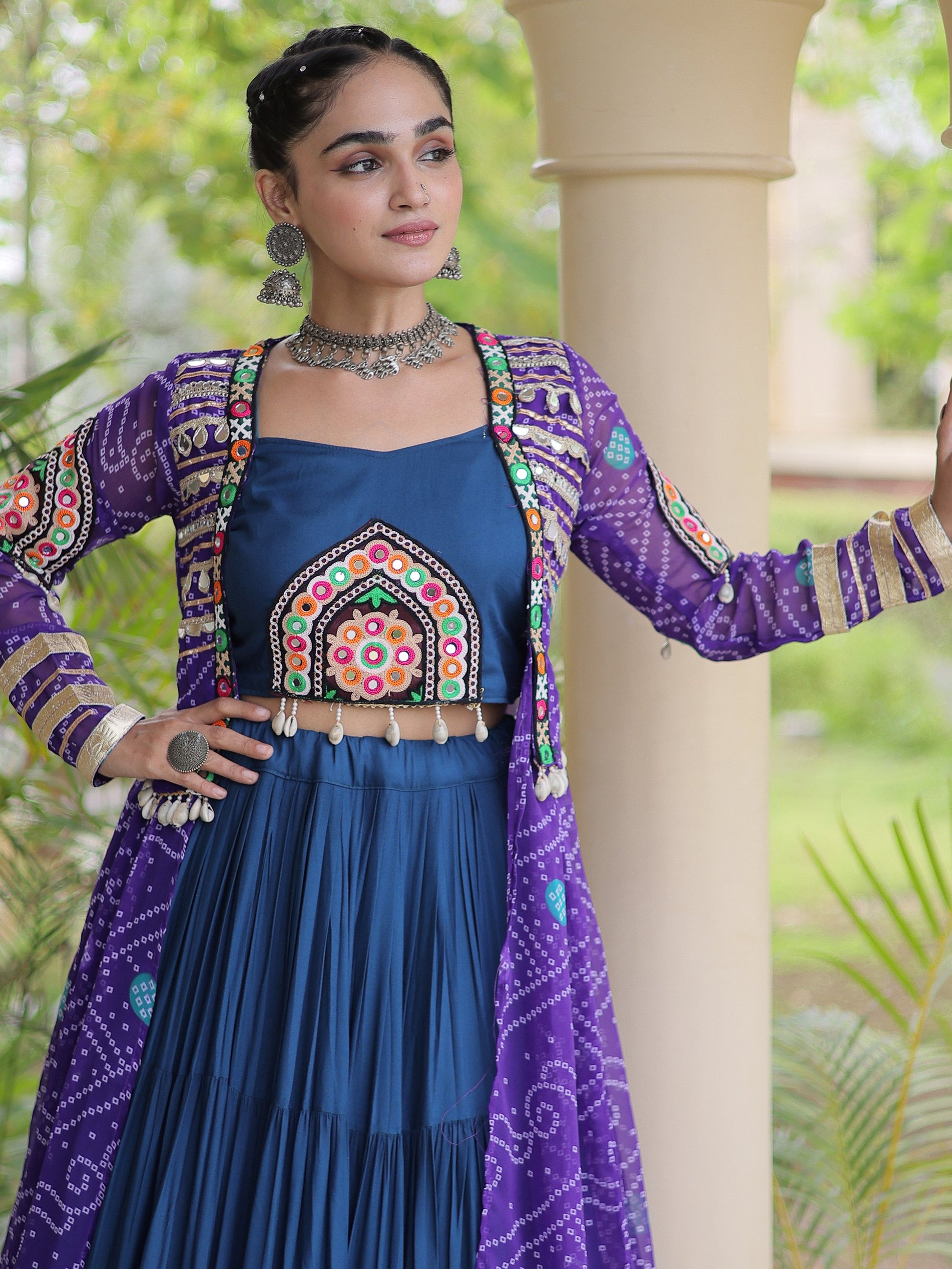 Precious Purple Patchwork Rayon Navratri Wear Lehenga Choli And Shrug