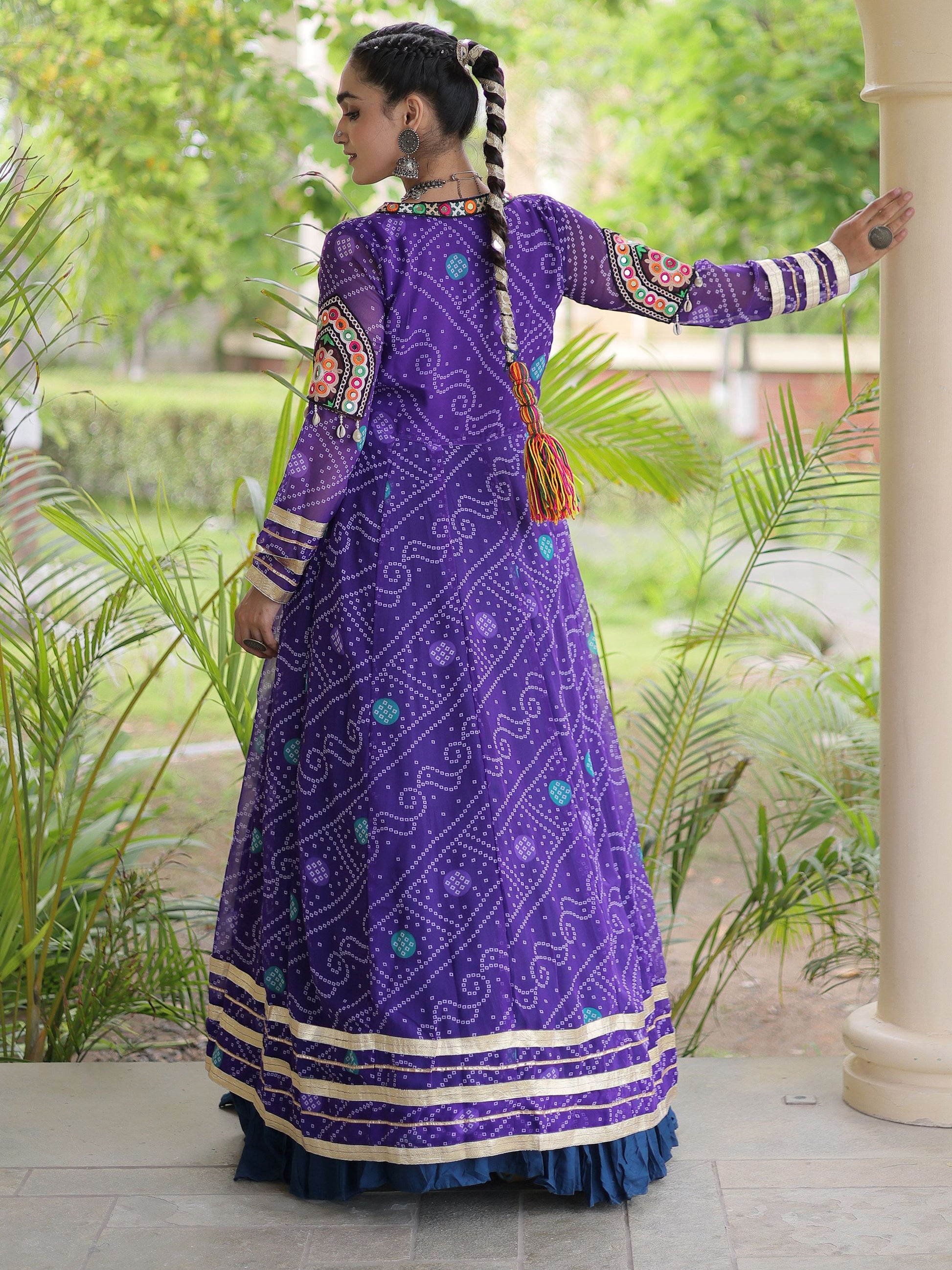 Precious Purple Patchwork Rayon Navratri Wear Lehenga Choli And Shrug