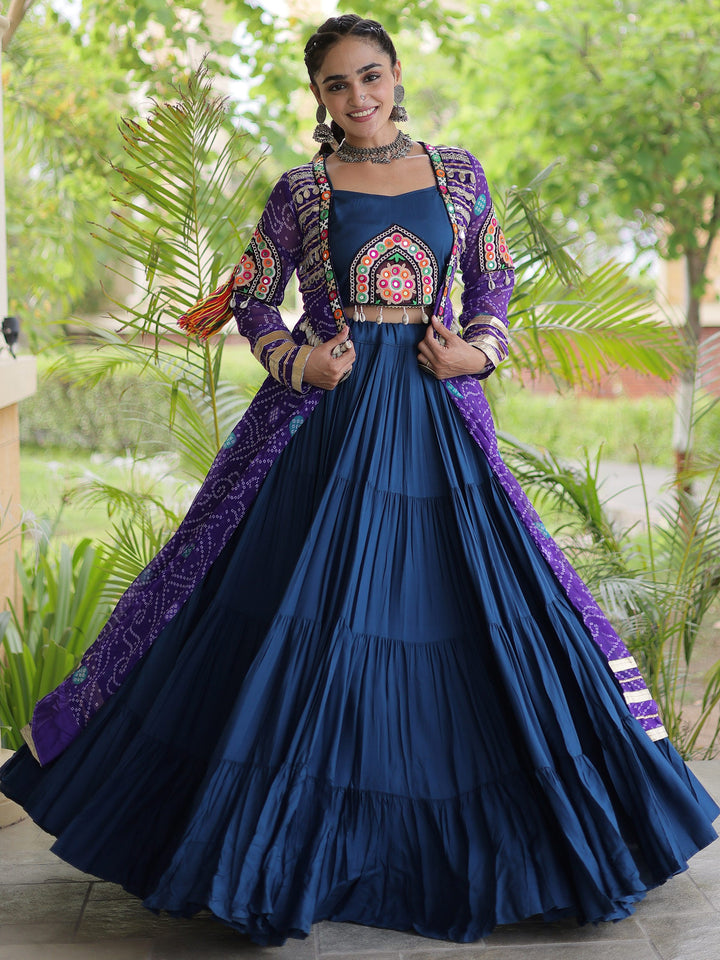 Precious Purple Patchwork Rayon Navratri Wear Lehenga Choli And Shrug