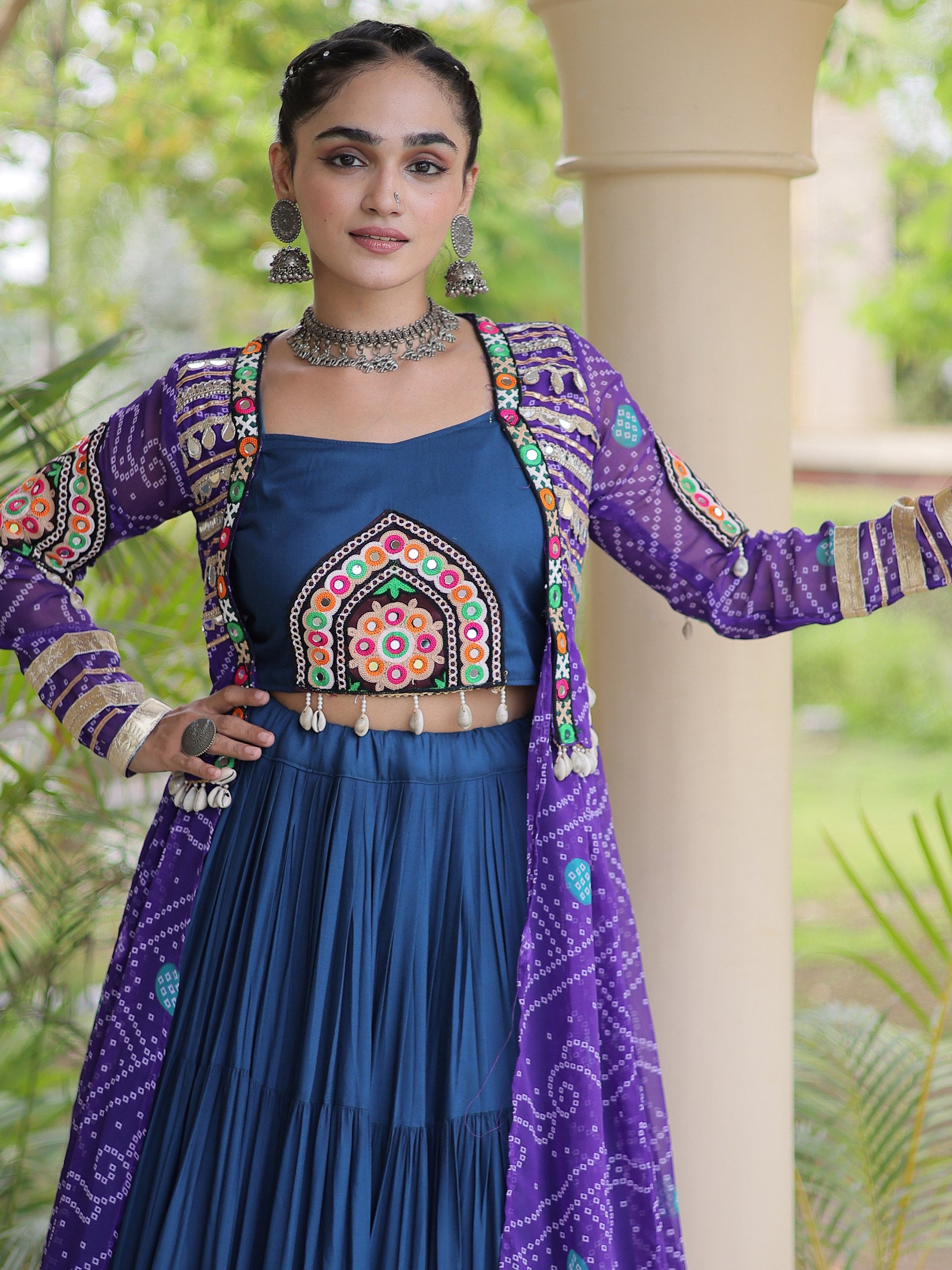 Precious Purple Patchwork Rayon Navratri Wear Lehenga Choli And Shrug