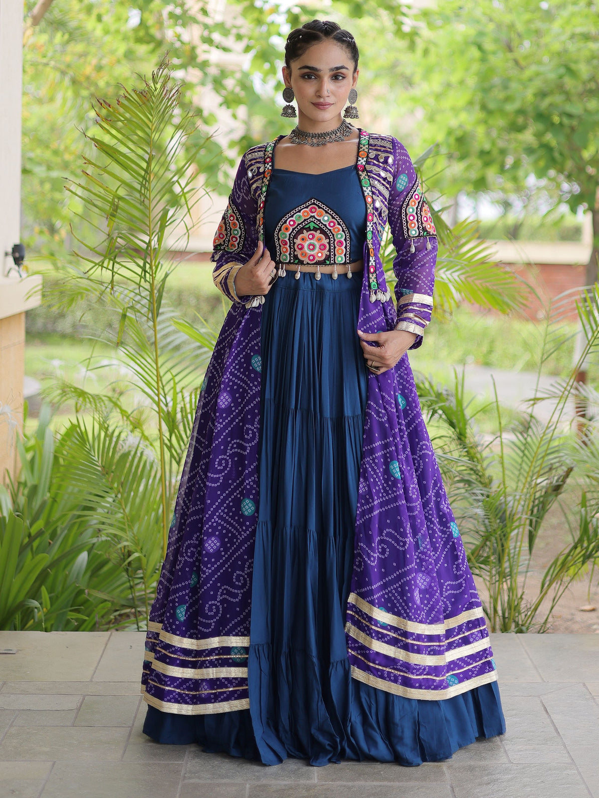 Precious Purple Patchwork Rayon Navratri Wear Lehenga Choli And Shrug