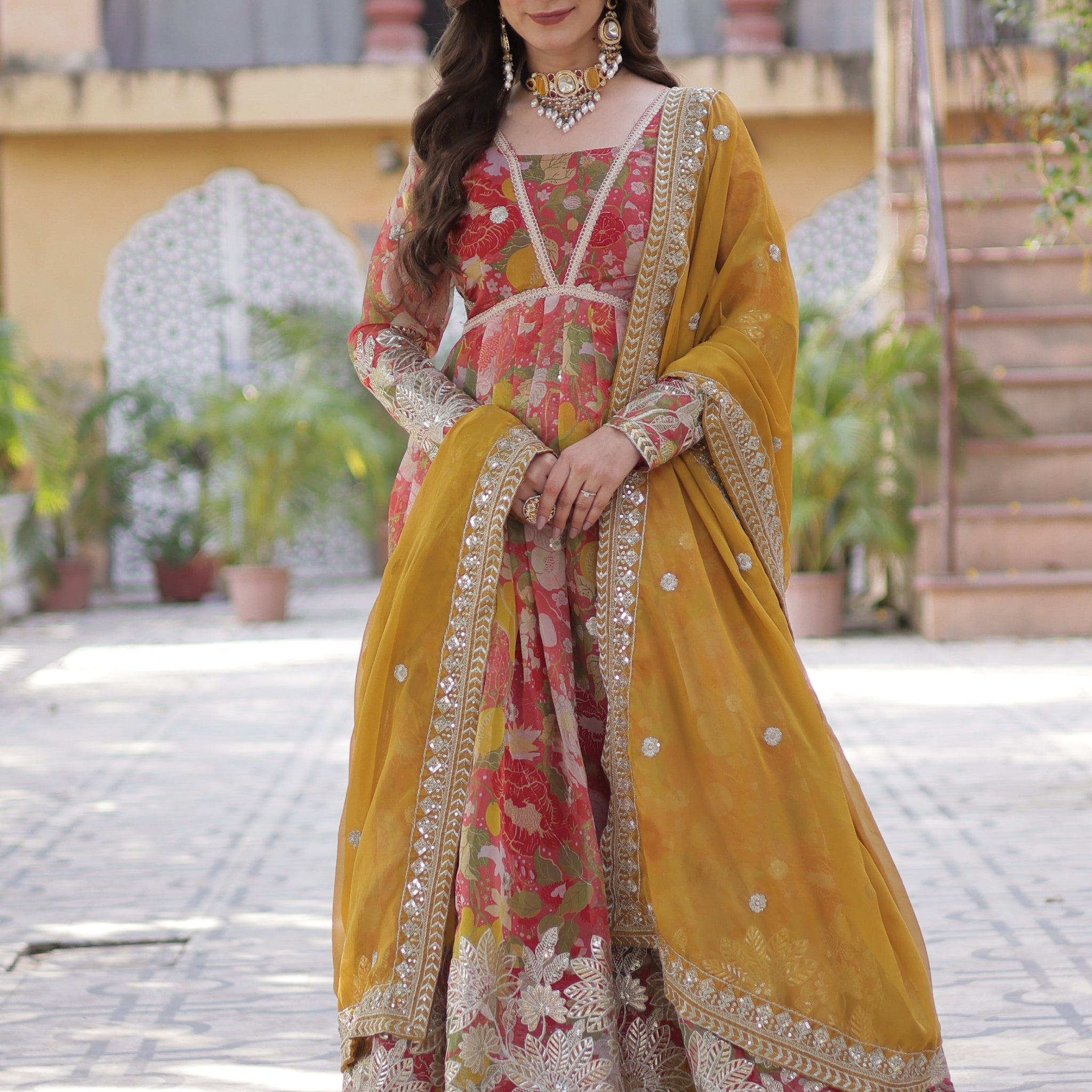 Fascinating Red Digital Printed Silk Festive Wear Gown With Dupatta
