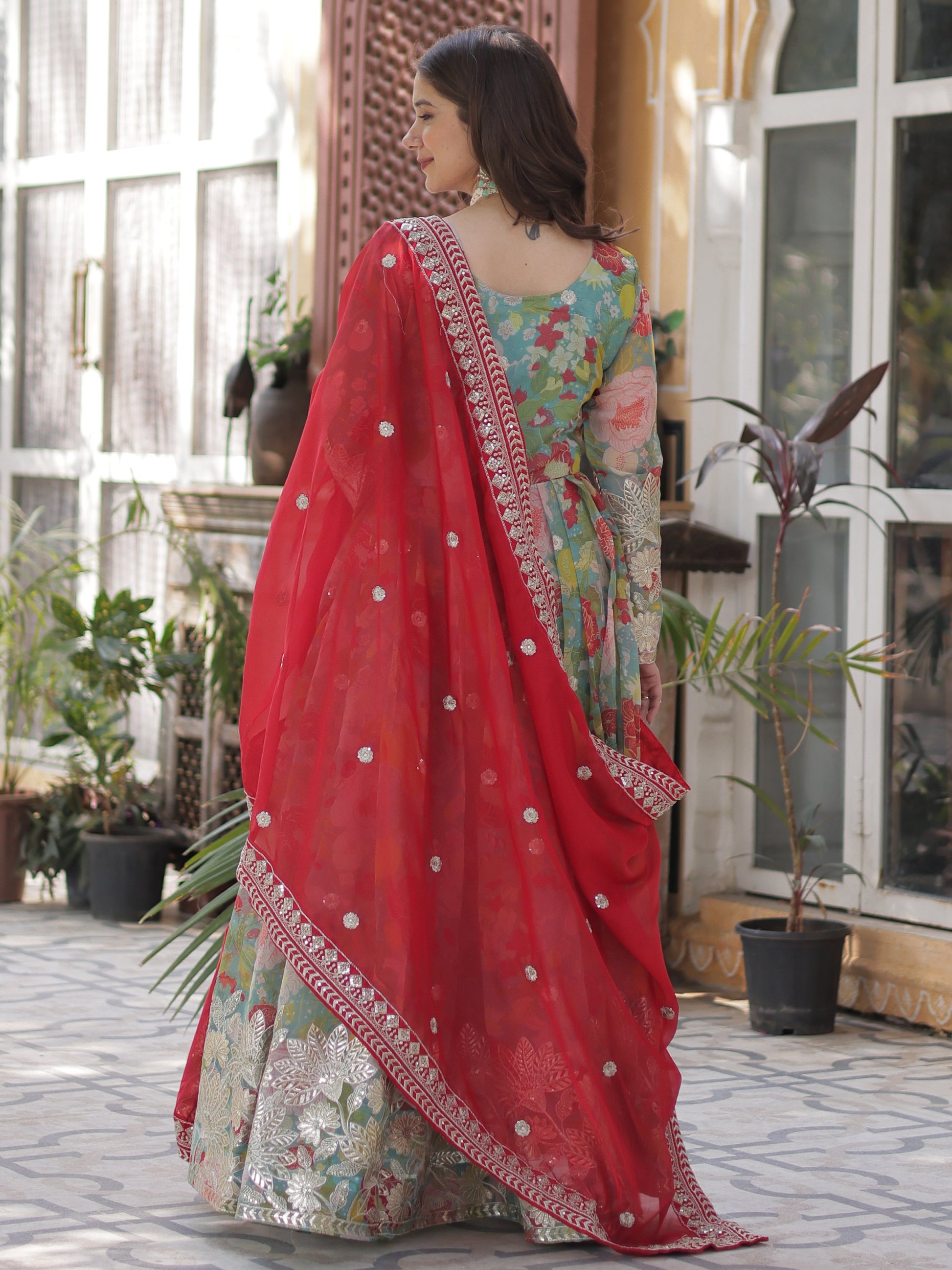 Attractive Sky-Blue Floral Printed Silk Party Wear Gown With Dupatta