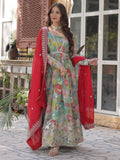 Attractive Sky-Blue Floral Printed Silk Party Wear Gown With Dupatta