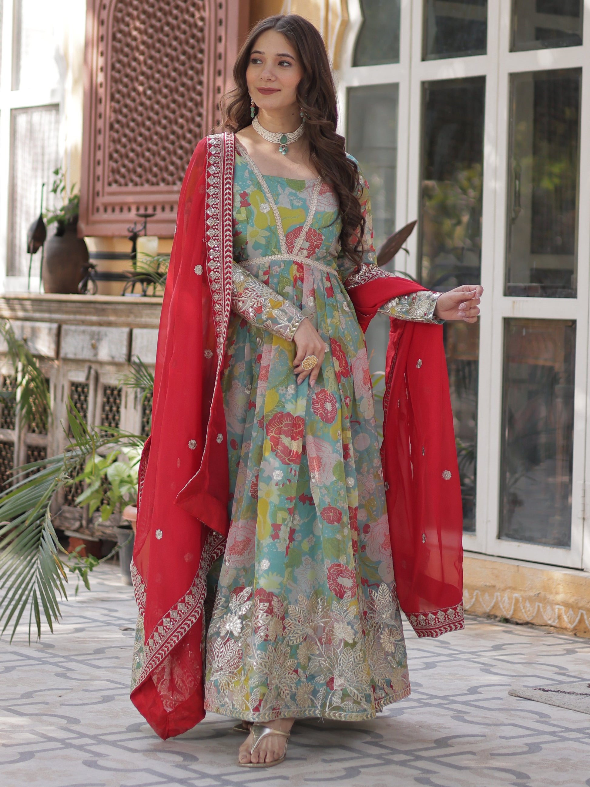 Attractive Sky-Blue Floral Printed Silk Party Wear Gown With Dupatta