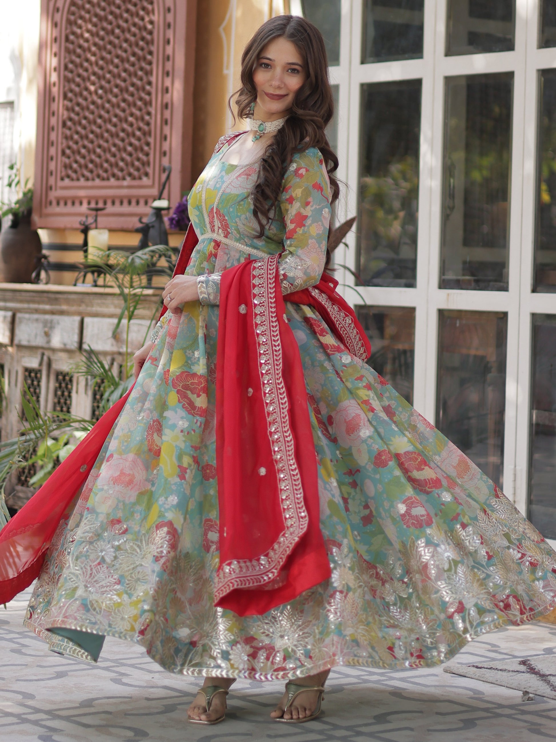 Attractive Sky-Blue Floral Printed Silk Party Wear Gown With Dupatta