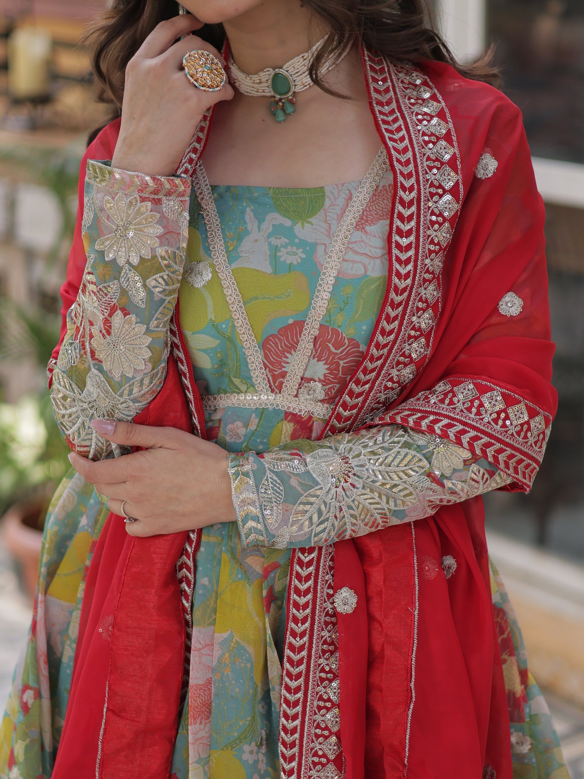Attractive Sky-Blue Floral Printed Silk Party Wear Gown With Dupatta