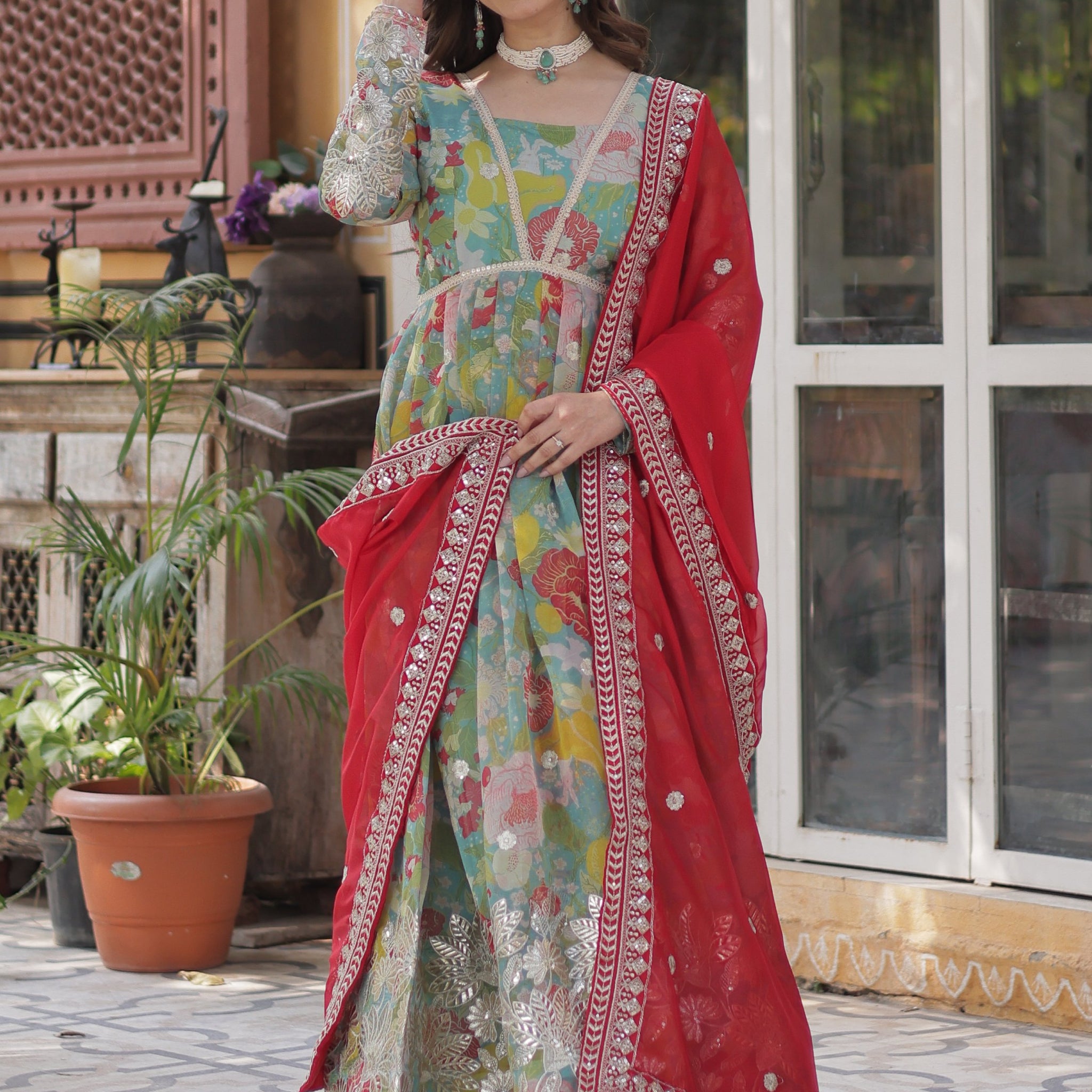 Attractive Sky-Blue Floral Printed Silk Party Wear Gown With Dupatta