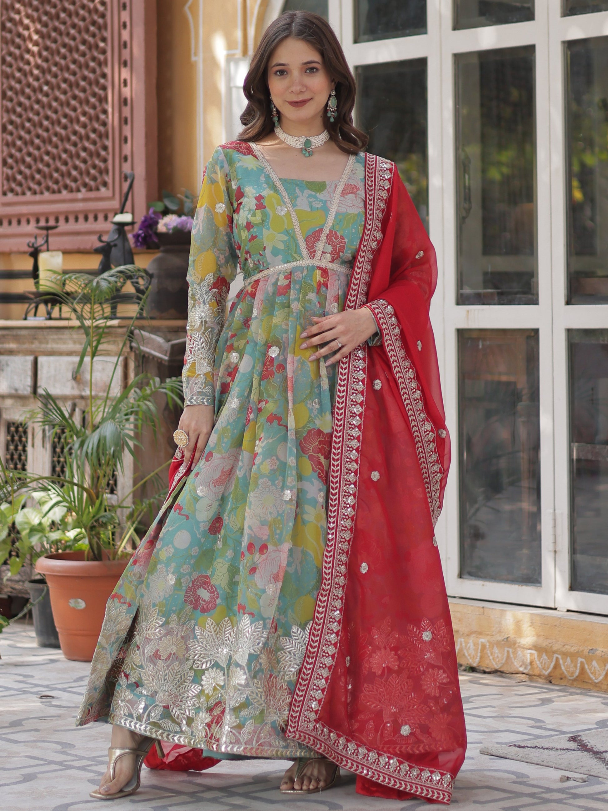 Attractive Sky-Blue Floral Printed Silk Party Wear Gown With Dupatta