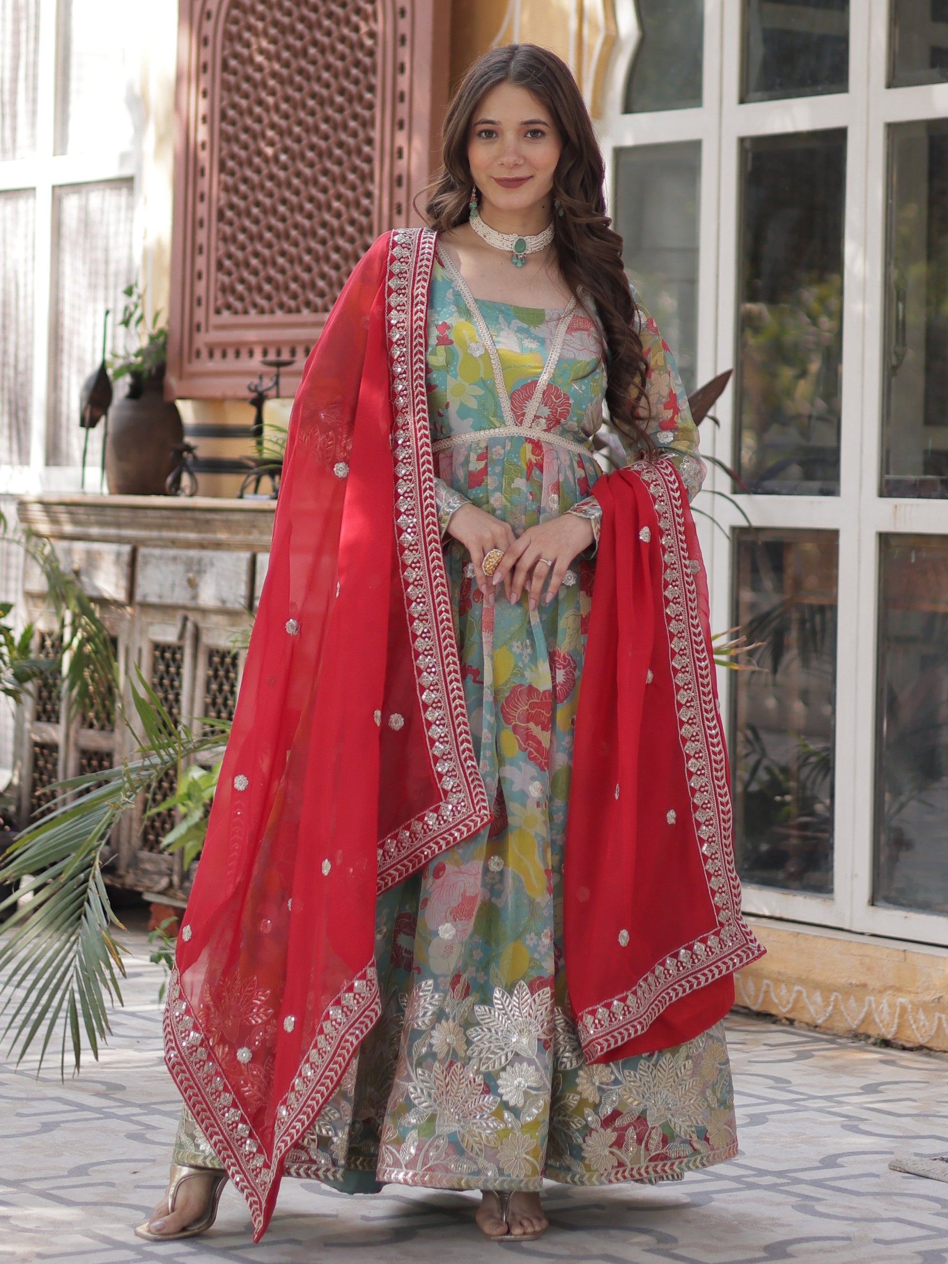 Attractive Sky-Blue Floral Printed Silk Party Wear Gown With Dupatta