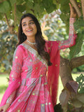 Fascinating Pink Digital Printed Silk Traditional Gown With Dupatta