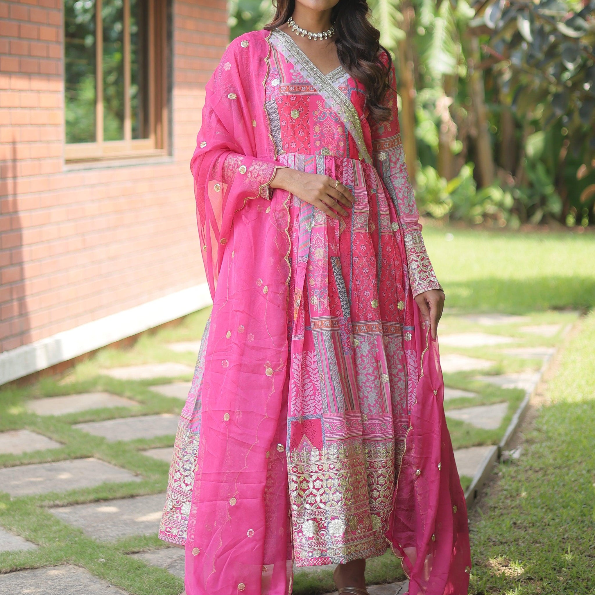 Fascinating Pink Digital Printed Silk Traditional Gown With Dupatta
