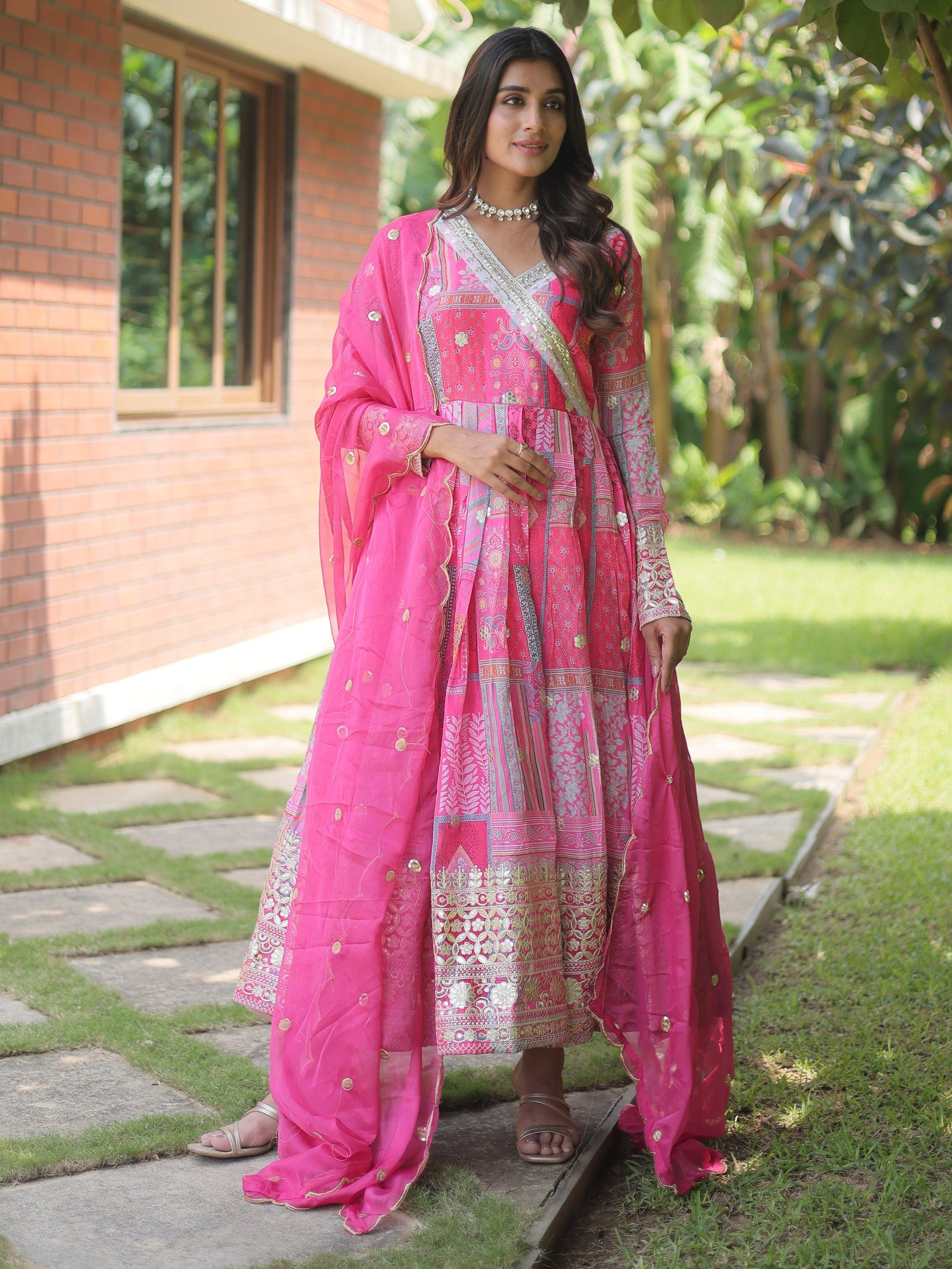 Fascinating Pink Digital Printed Silk Traditional Gown With Dupatta