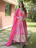 Fascinating Pink Digital Printed Silk Traditional Gown With Dupatta