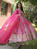Fascinating Pink Digital Printed Silk Traditional Gown With Dupatta